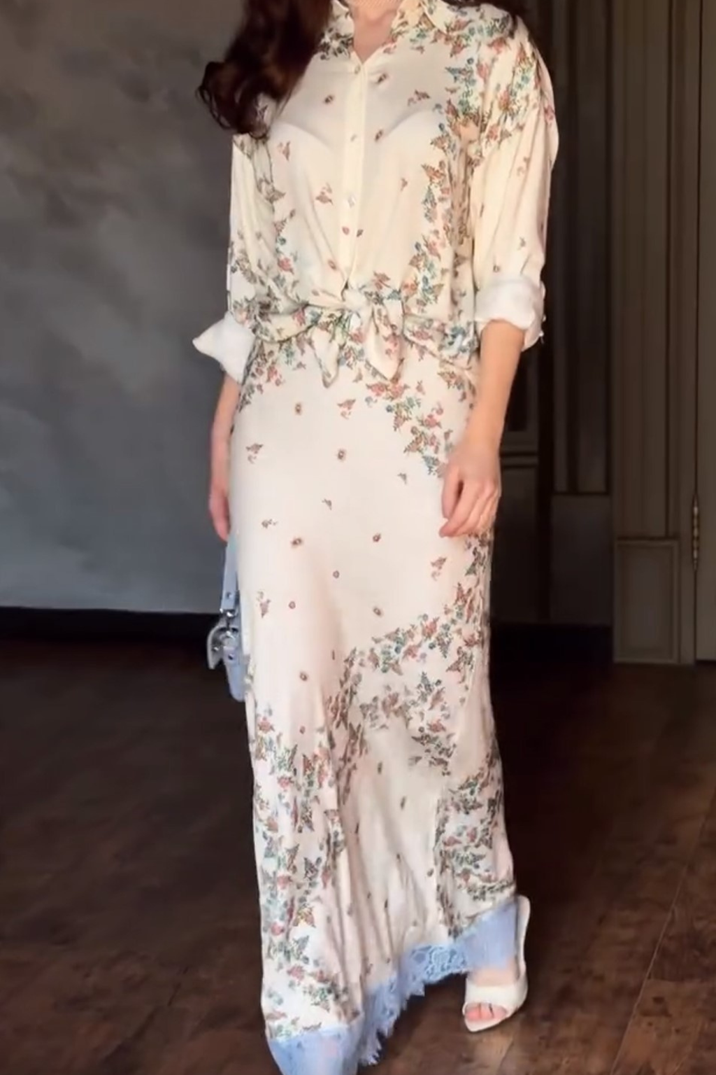 Floral Shirt Lace Hem Maxi Skirt Set