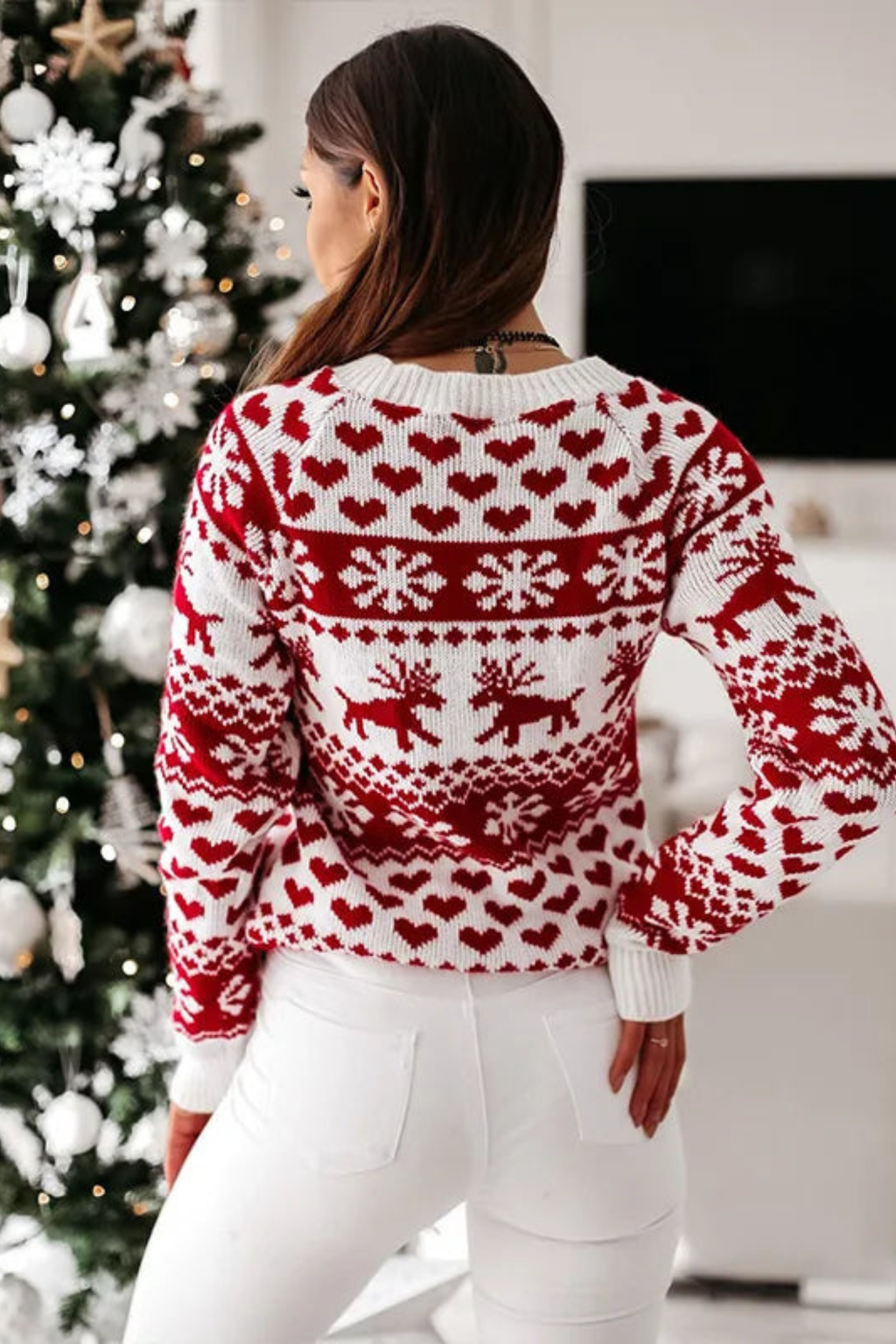 Festive Winter Motif Crew Neck Sweater