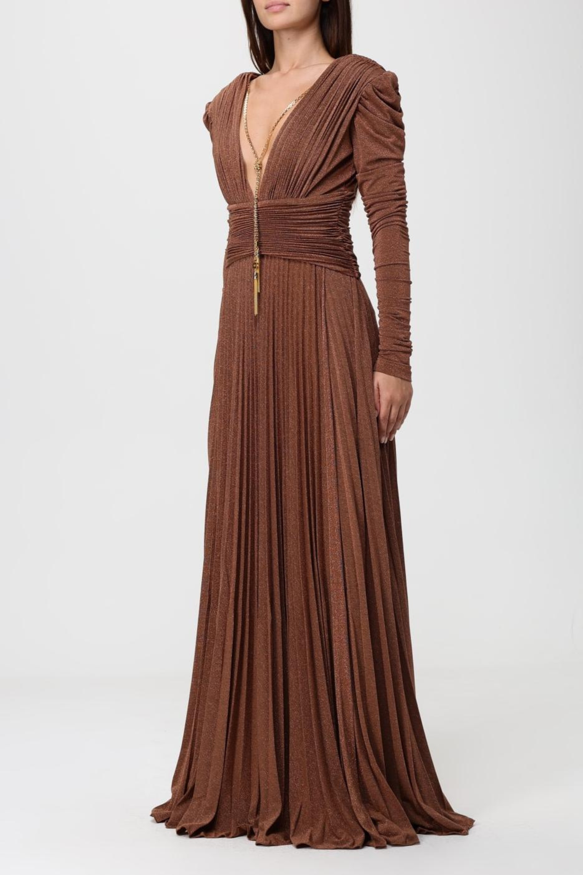 Pleated Puff Sleeve V Neck Maxi Dress