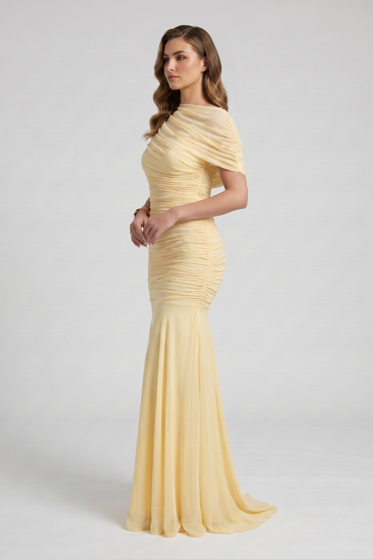 Ruched Mermaid Maxi Dress with Draped Neckline