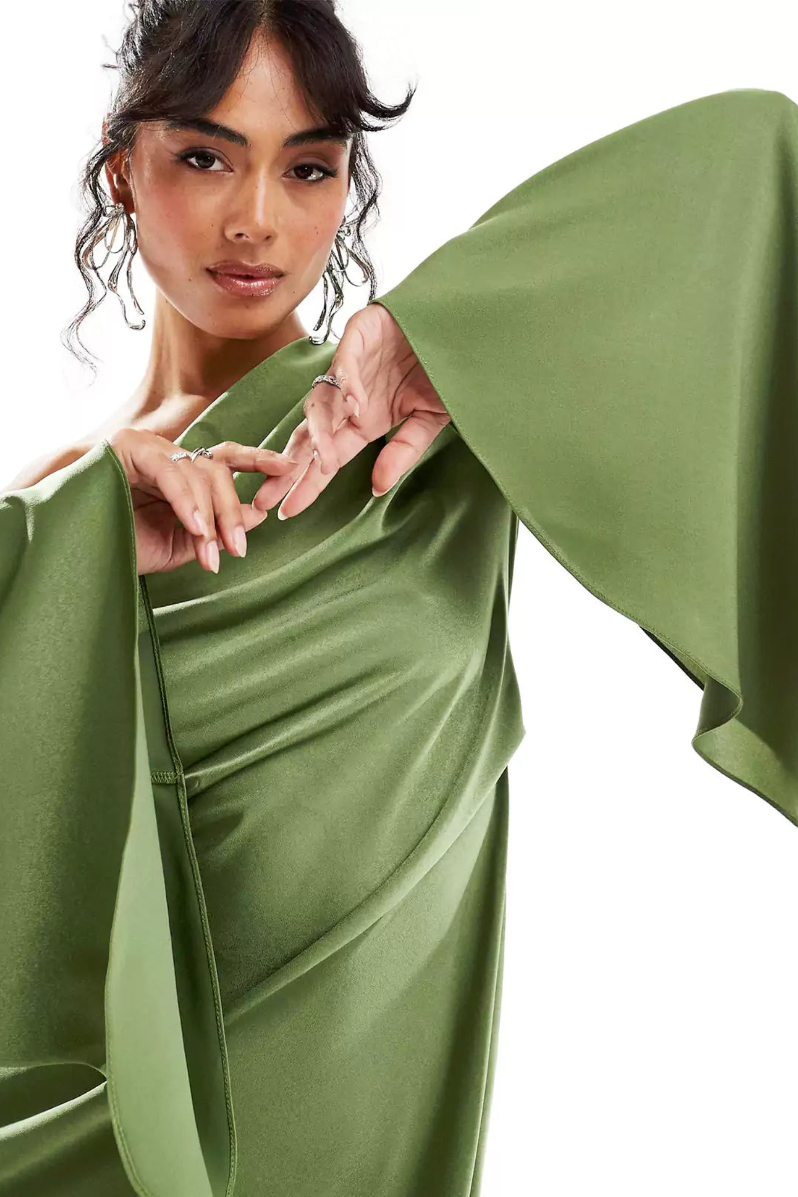 Green Asymmetrical Hem Satin Maxi Dress