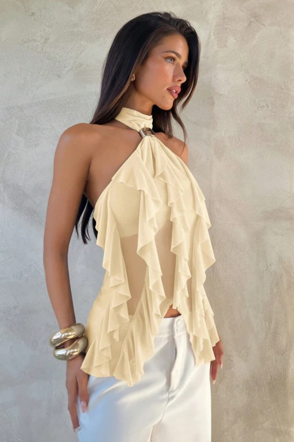 Layered Halter Party Top with Sheer Ruffle Detail