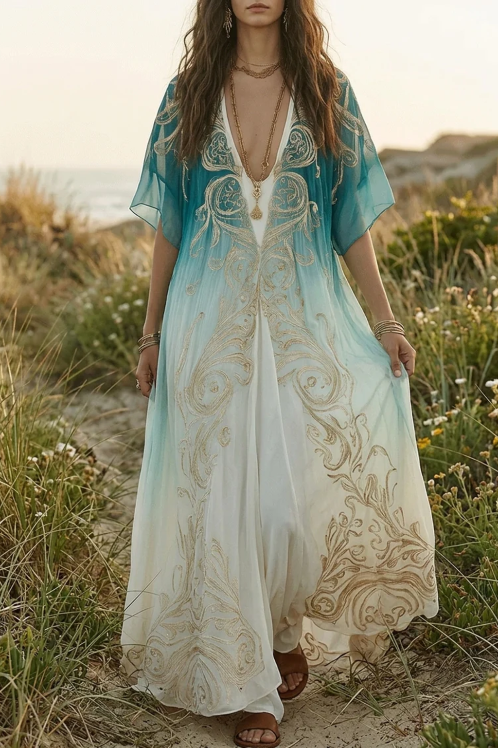 Aqua Ombre Kaftan Maxi Dress