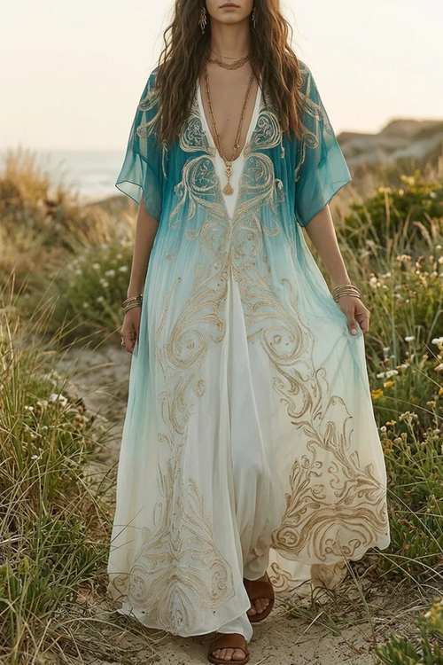 Aqua Ombre Kaftan Maxi Dress