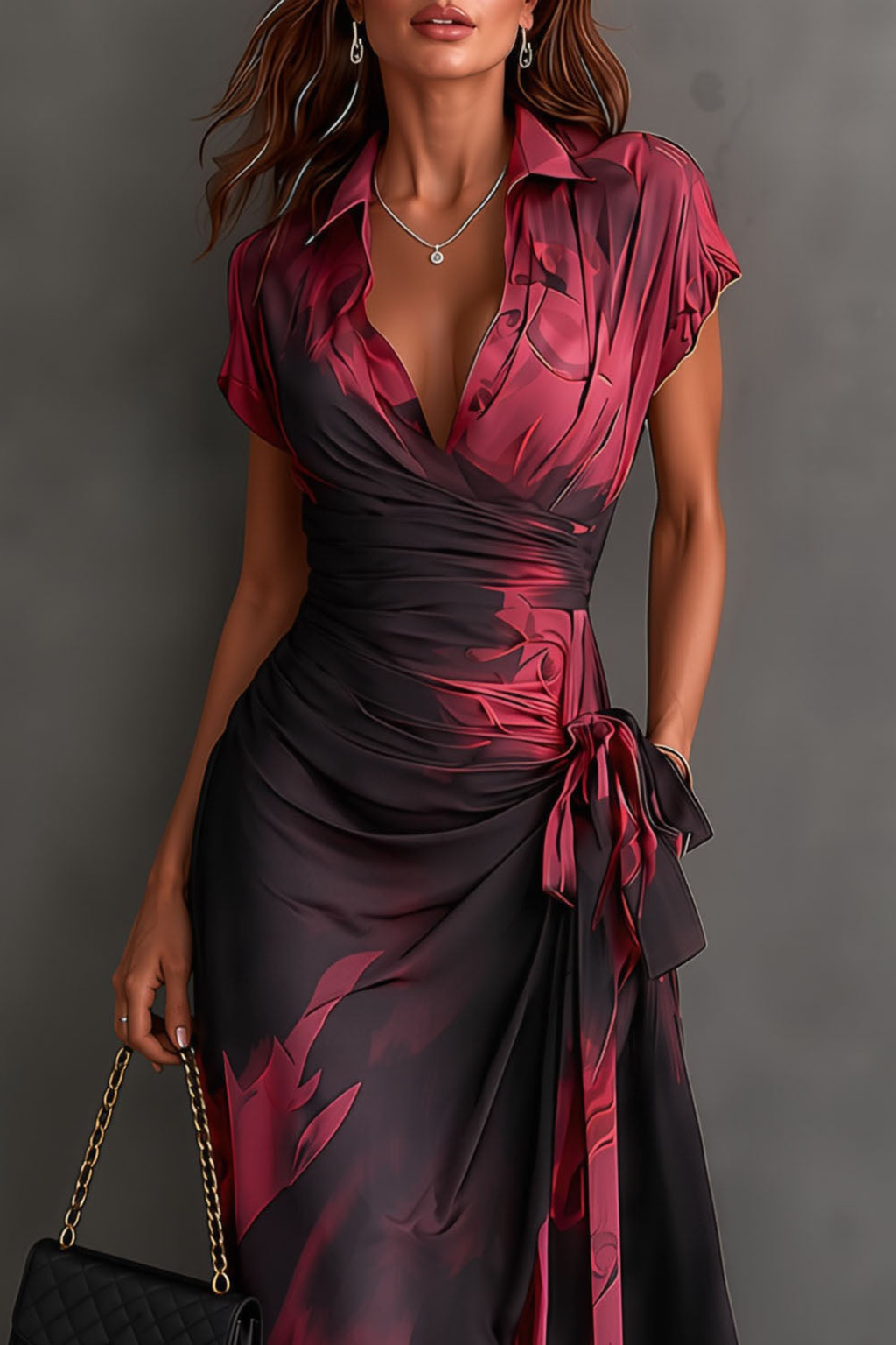 Abstract Print Wrap High Low Midi Dress