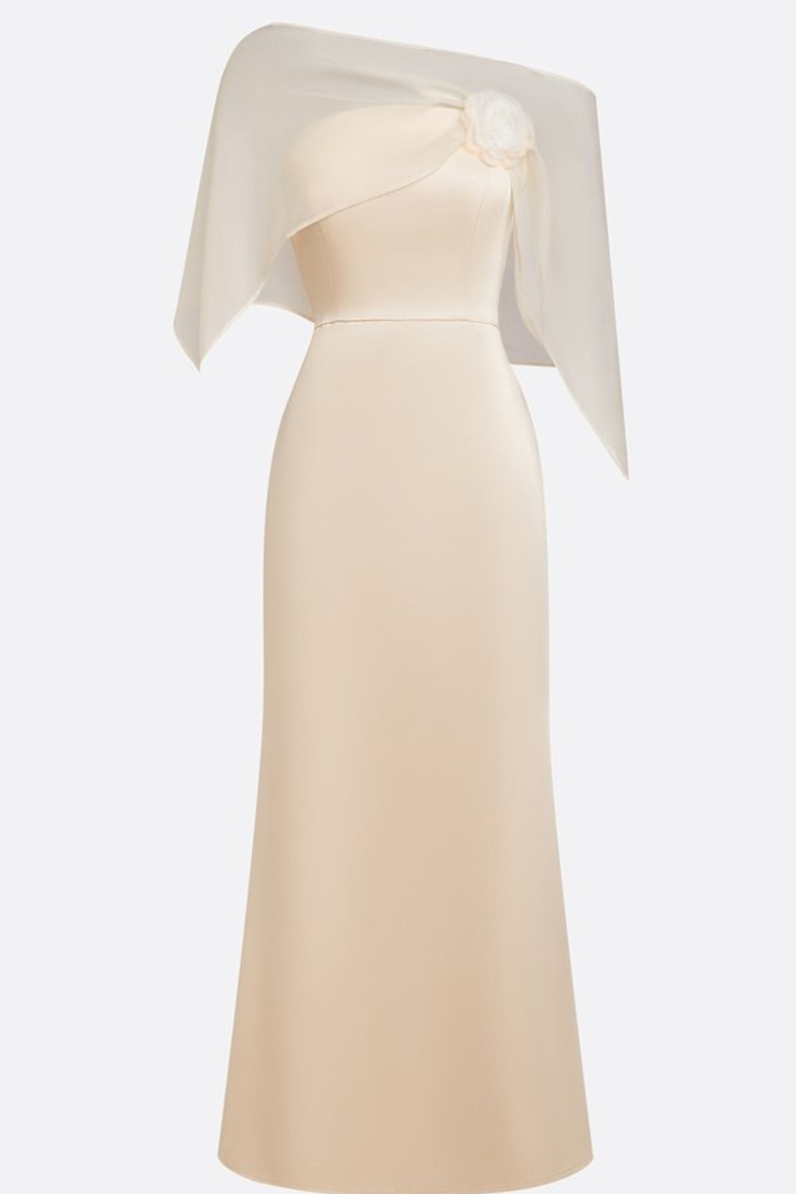 3D Floral Satin Boat Neck Cape Sleeve Sheath Gown