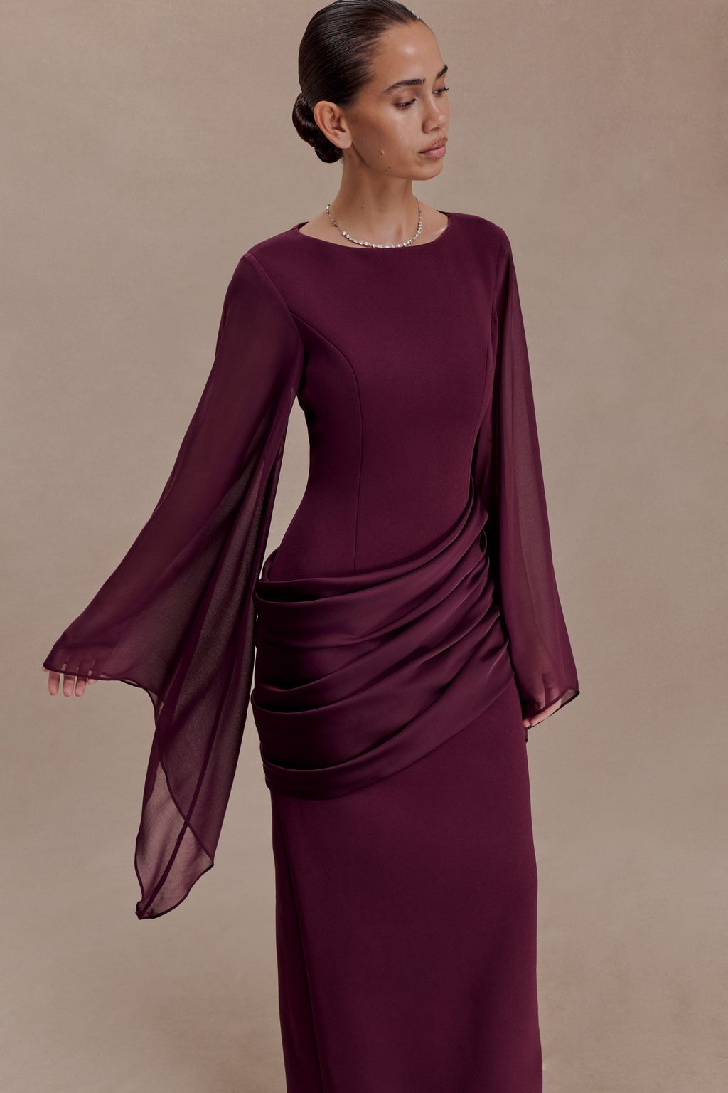 Waterfall Sleeve Pleated Maxi Dress