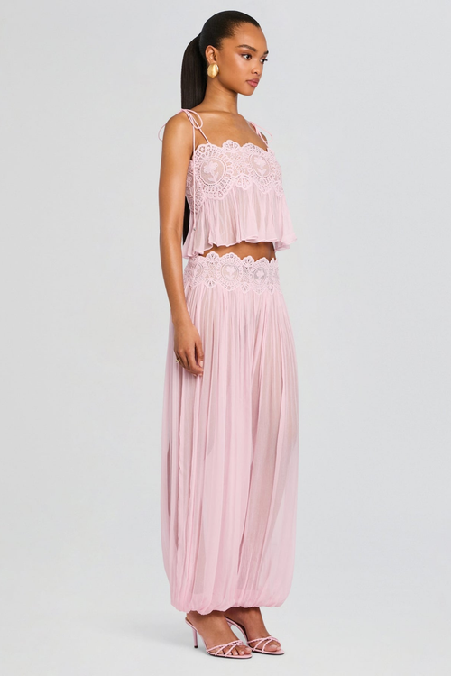 Blush Chiffon Two-Piece Set with Lace Trim Wide-Leg Pants