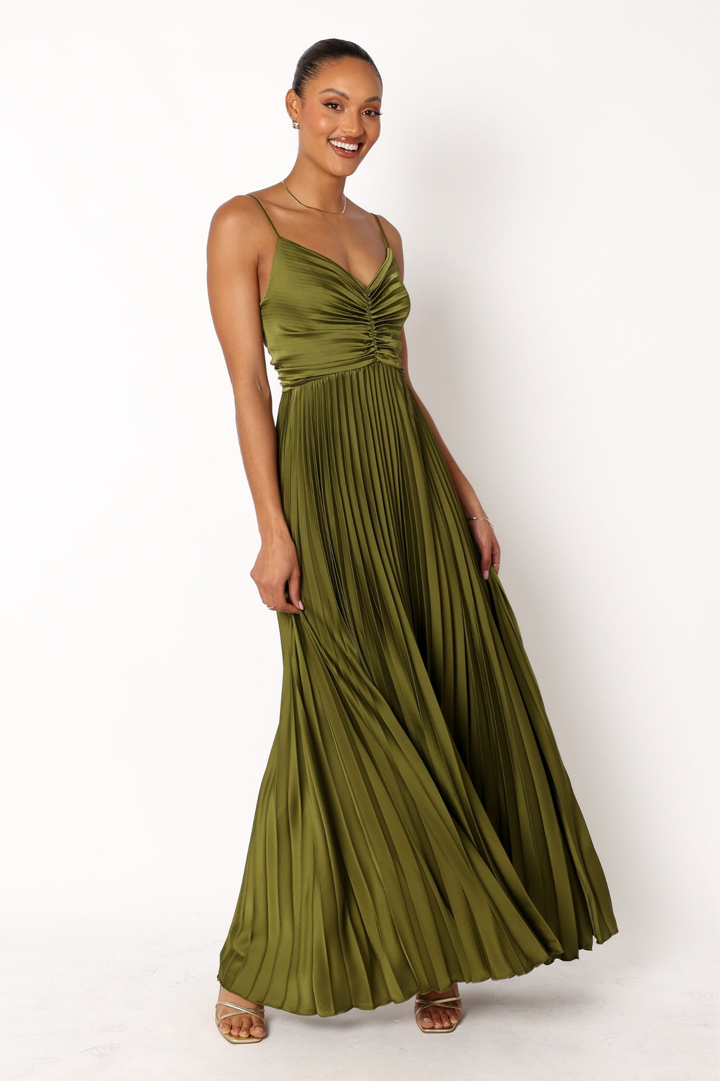 Pleated Satin Maxi Dress with V Neckline