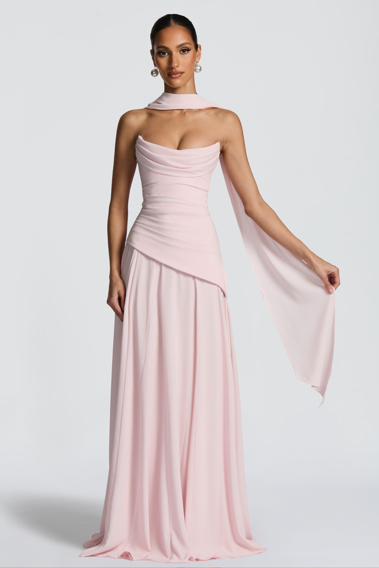 Ruched Off Shoulder Tie-Up Chiffon Maxi Dress
