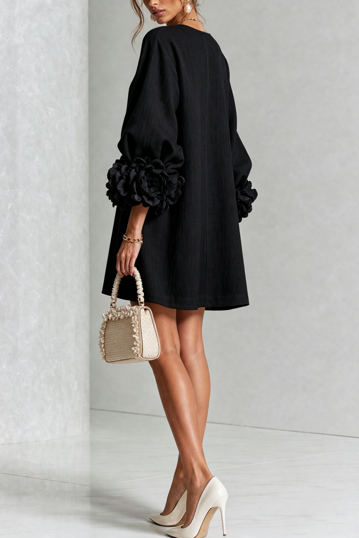 Black Floral Cuff Button Front Mini Dress