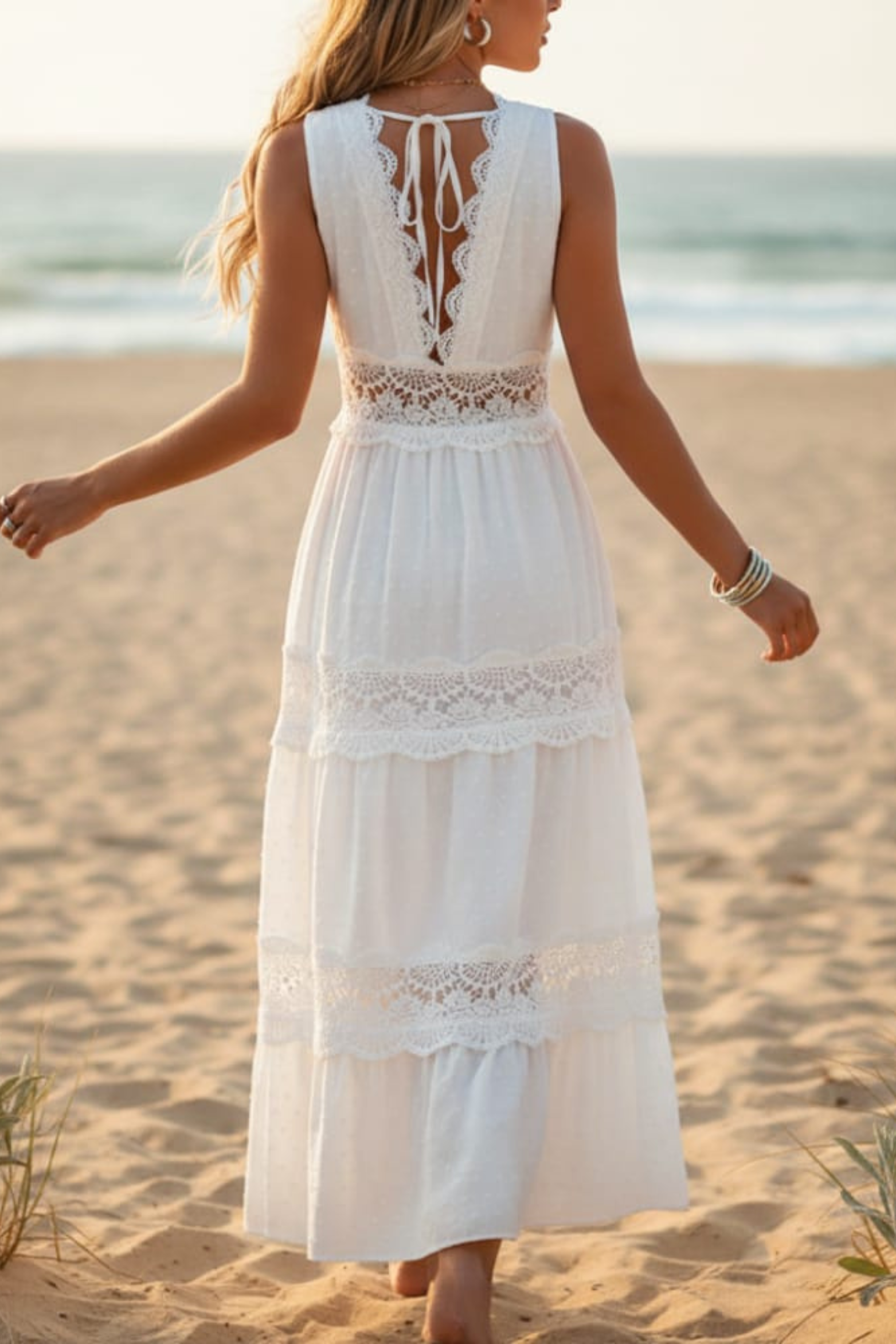 White Boho Lace Maxi Dress with V-Back A Line Occasion Style