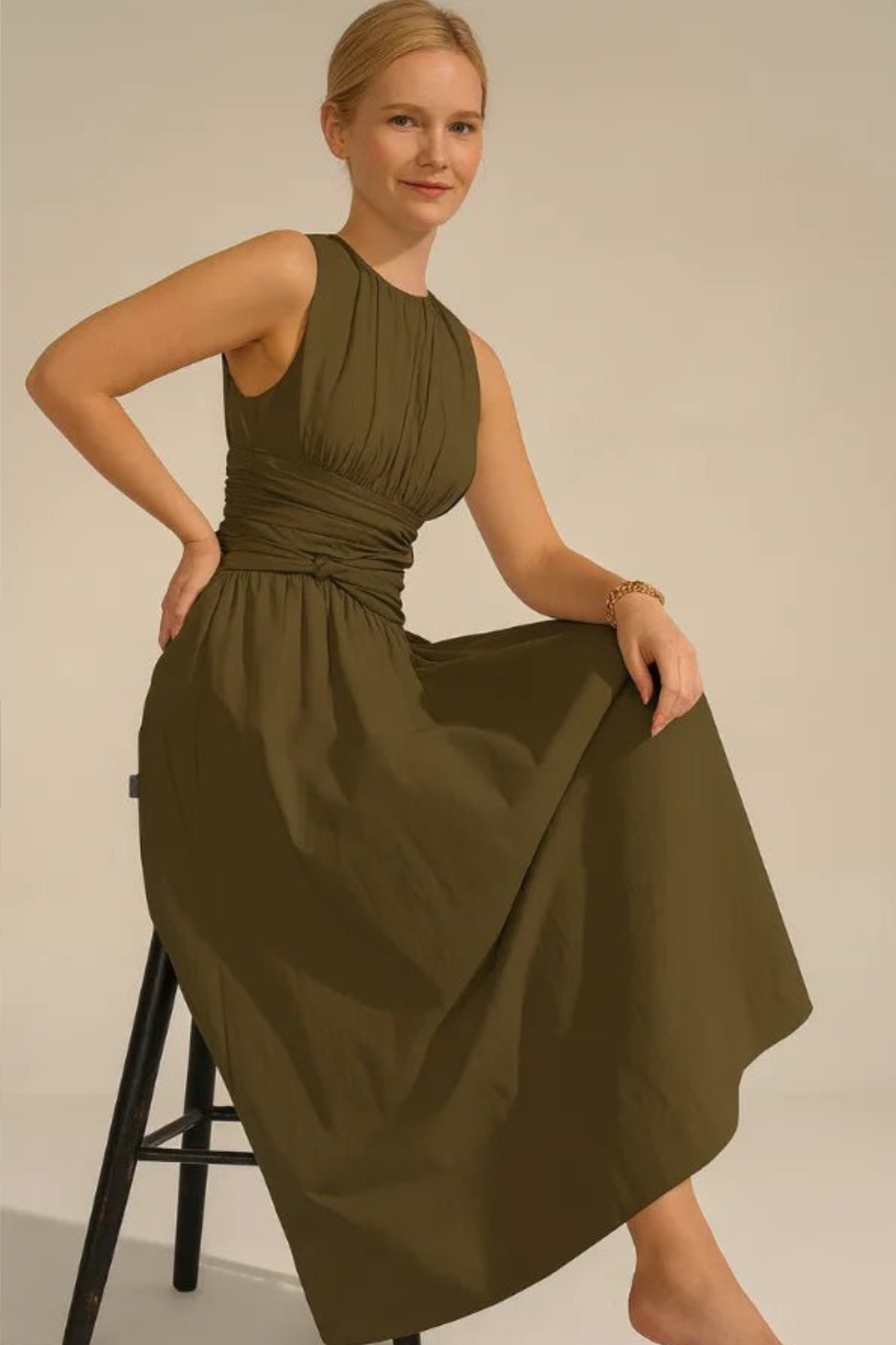 Elodie Ruched Waist Sleeveless Midi Dress