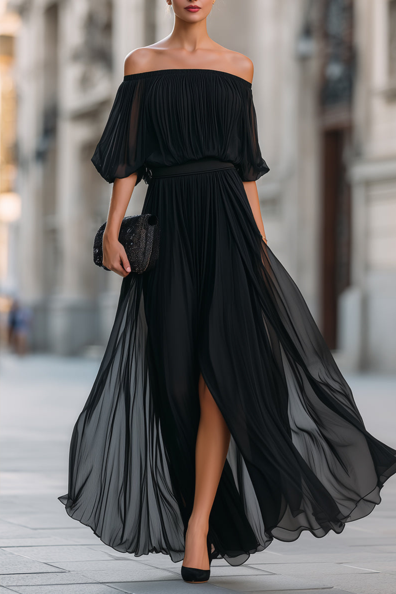 Pleated Chiffon Off Shoulder Maxi Dress, Navy / S