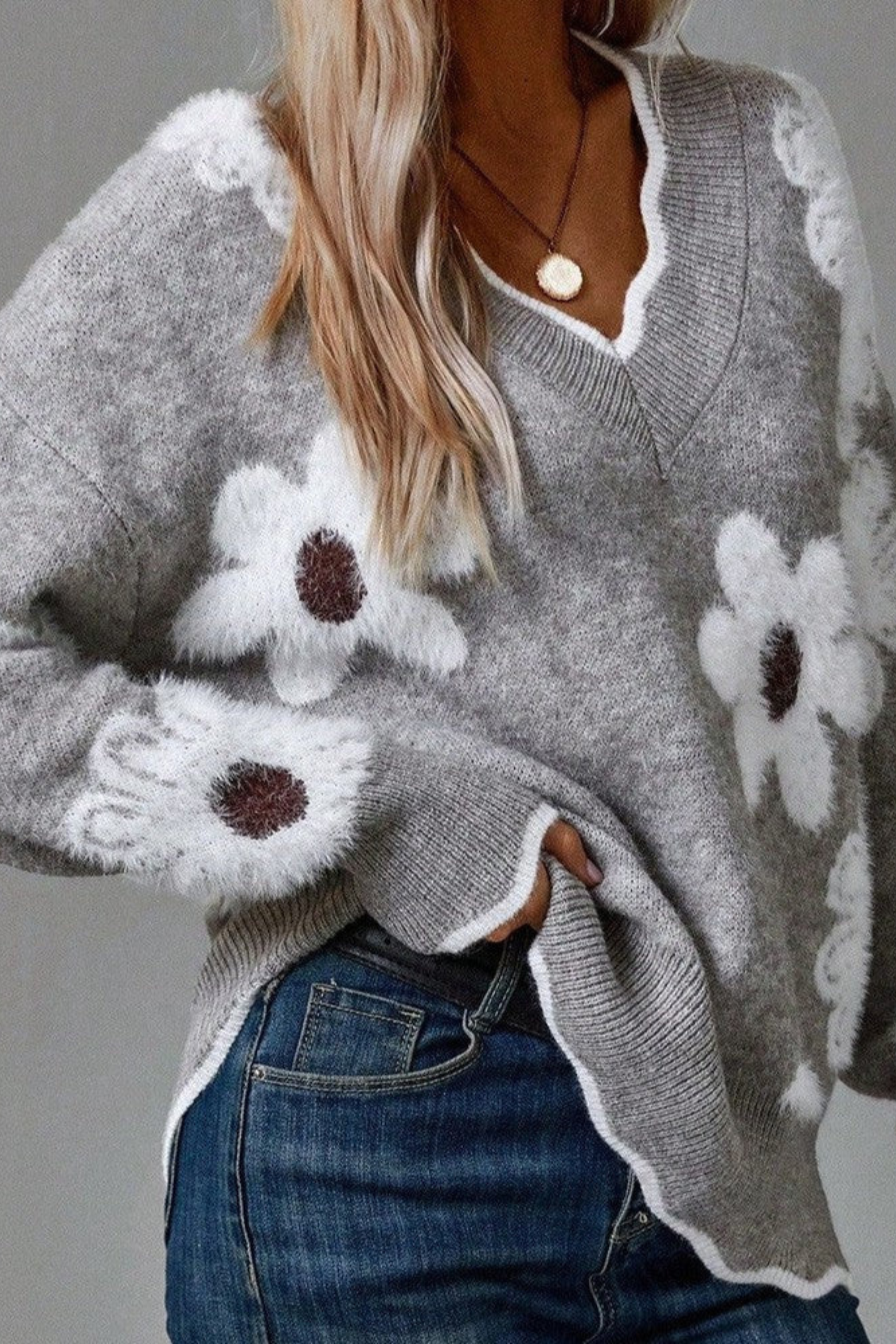 Women's Floral V Neck Knit Sweater