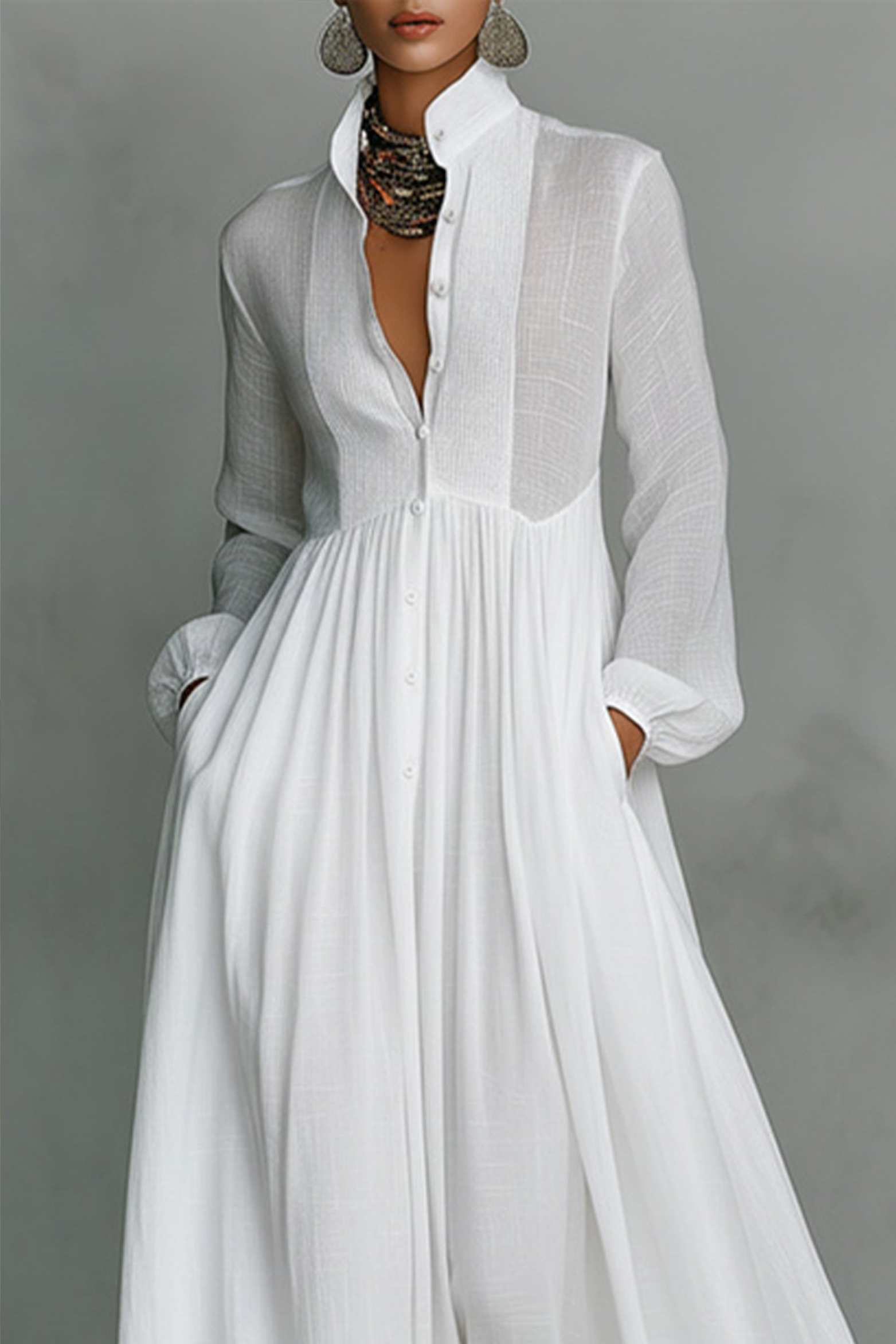 Relaxed Fit Linen Maxi Dress with Stand Collar Style