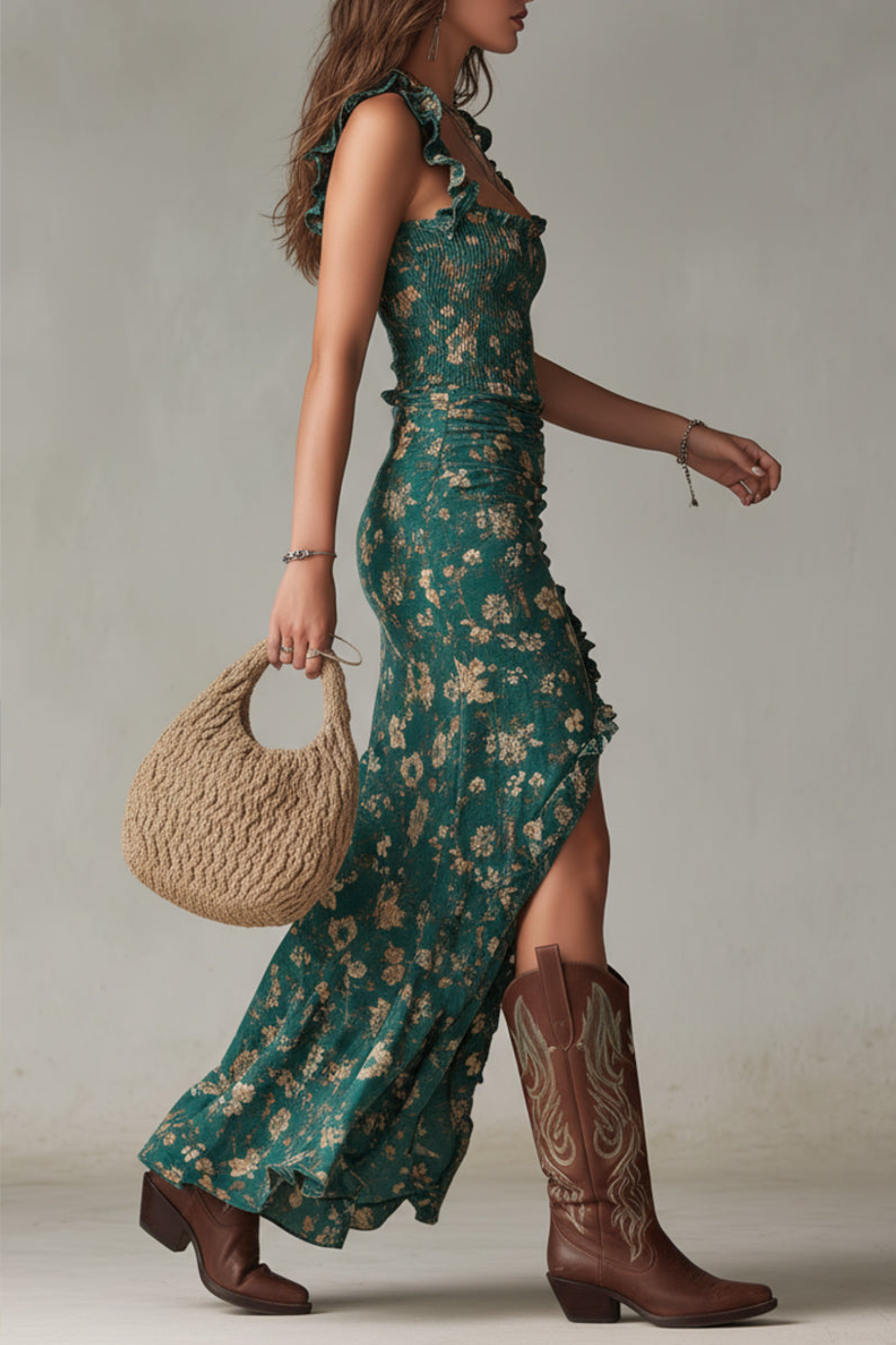 Ruffled Sleeve Slit Maxi Dress with Retro Flow