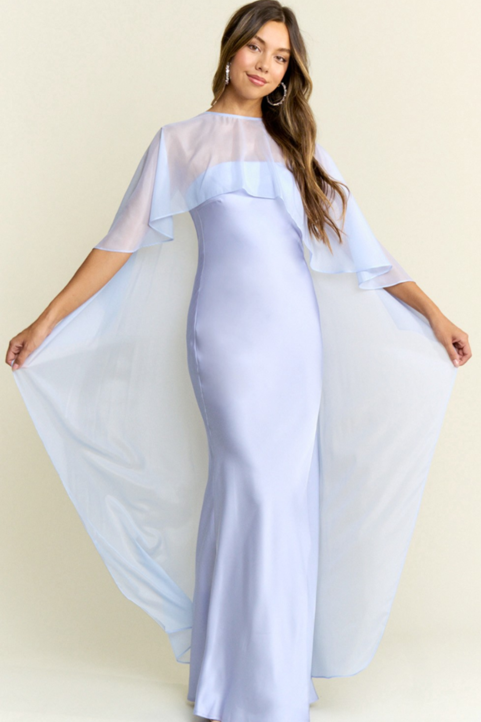 Silky Blue Maxi Dress with Cape Overlay