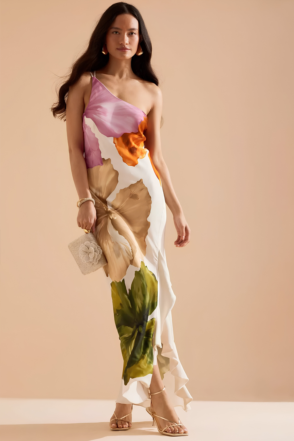 Asymmetrical Floral One Shoulder Maxi Dress