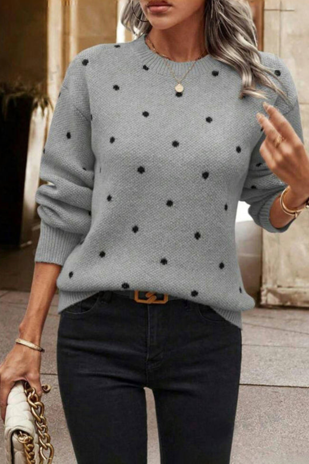Polka Dot Relaxed Round Neck Sweater