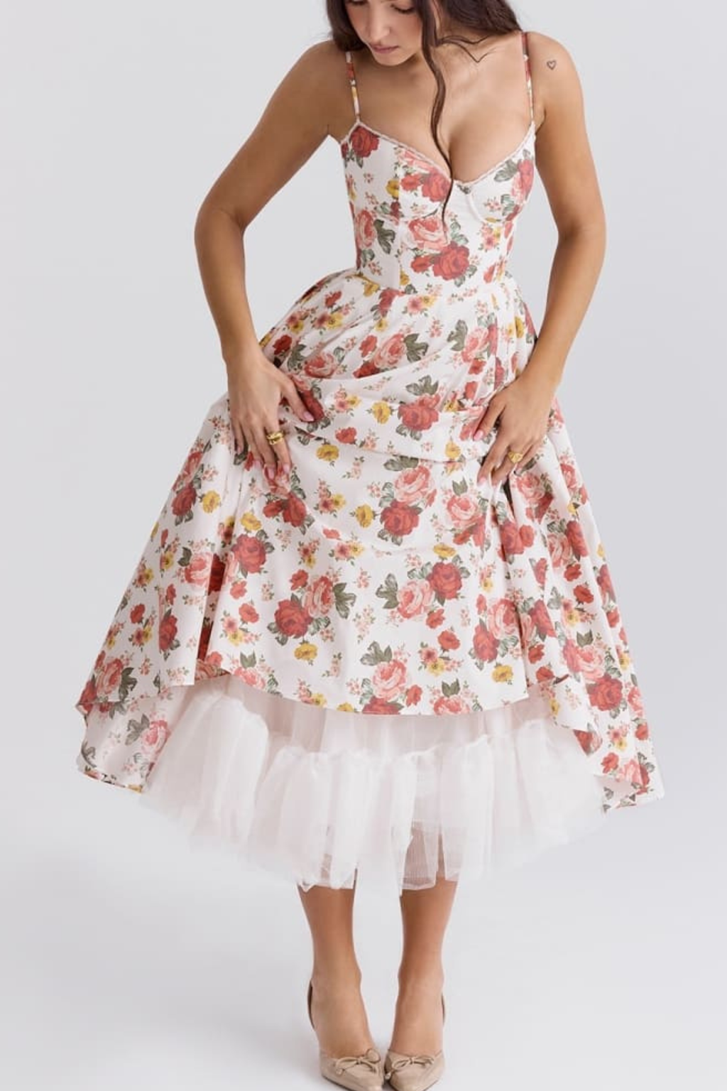 Rose Print Tulle Midi Dress Italian Style