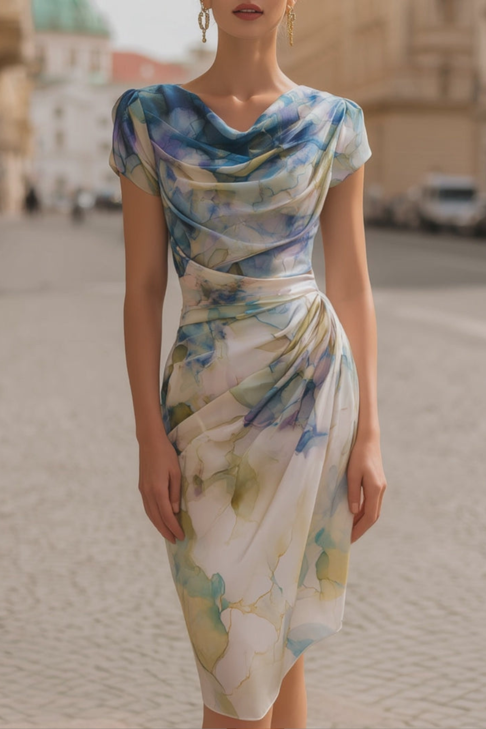 Fluid Print Cowl Neck Midi Dress
