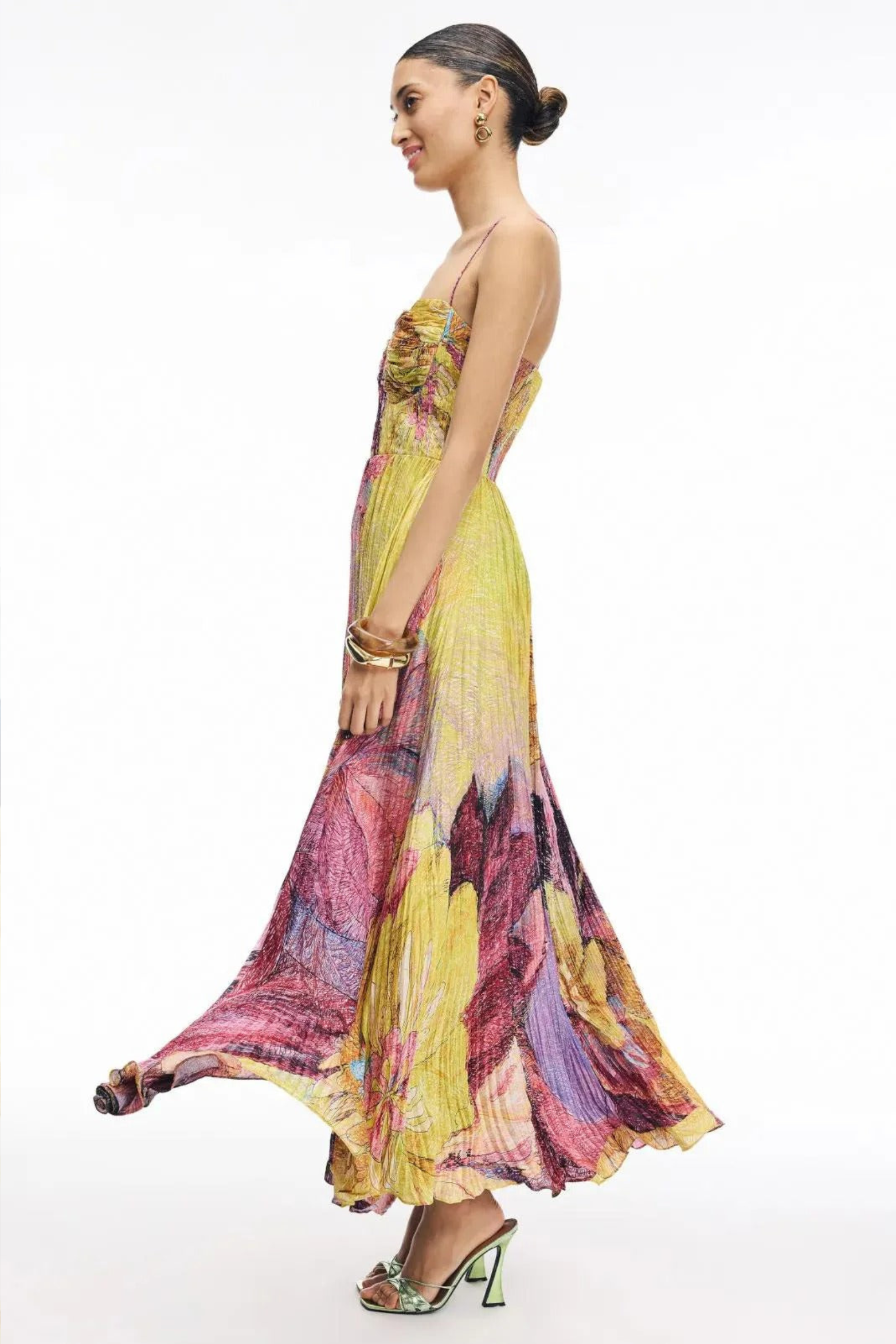 Floral Pleated Swing Maxi Dress with Spaghetti Straps