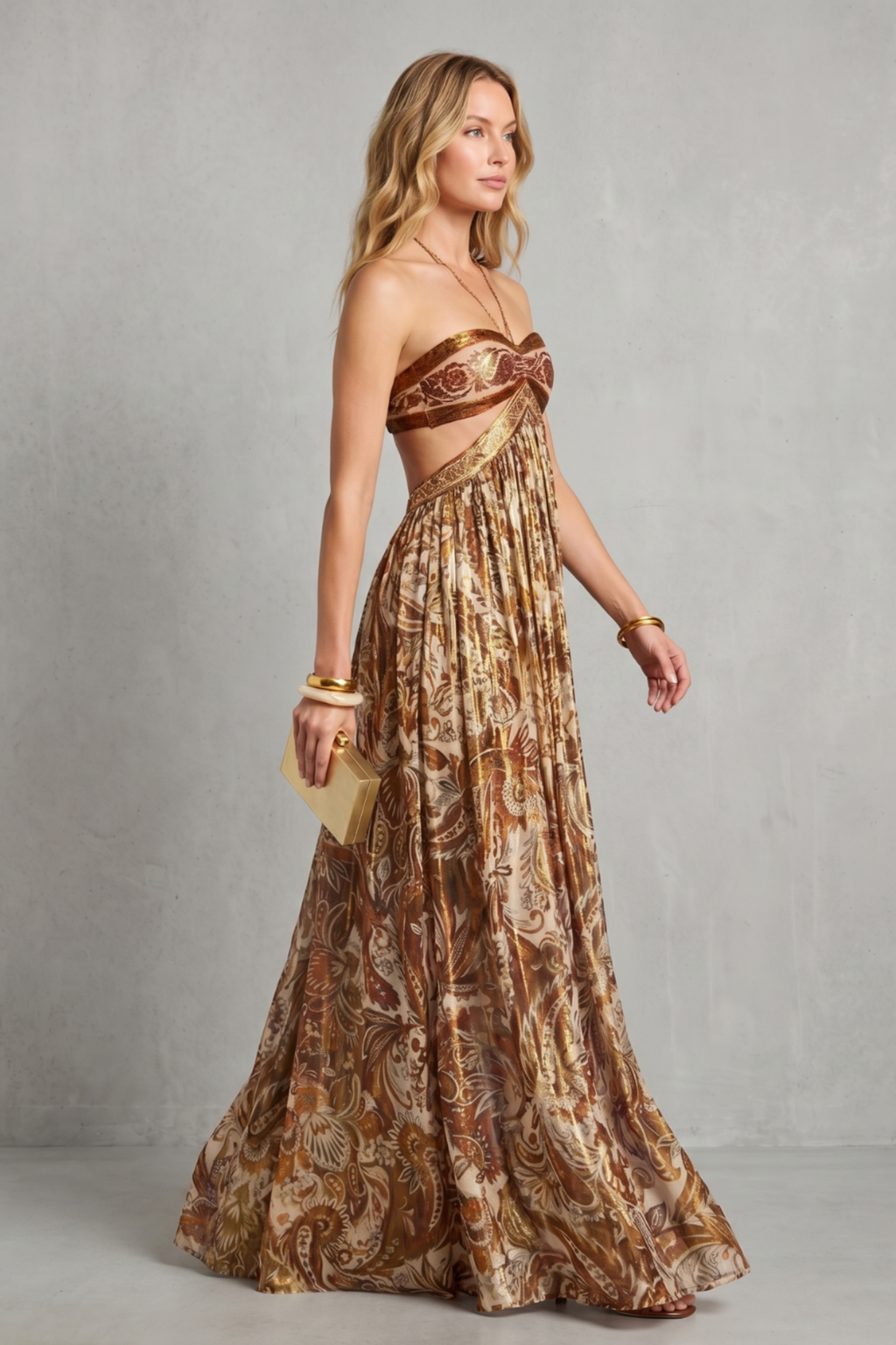 Paisley Print Halter Maxi Dress with Open Back Cutout Design