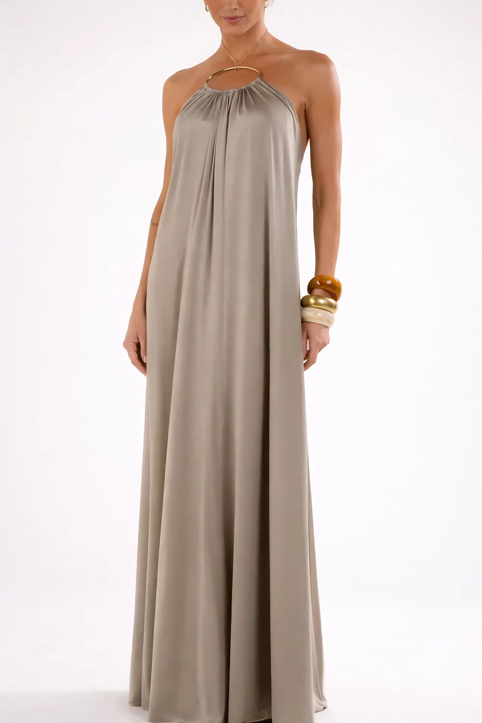 Backless Halter Maxi Dress with Metal Chain Detail, Ash / M Backless Halter Maxi Dress with Metal Chain Detail, Ash / M