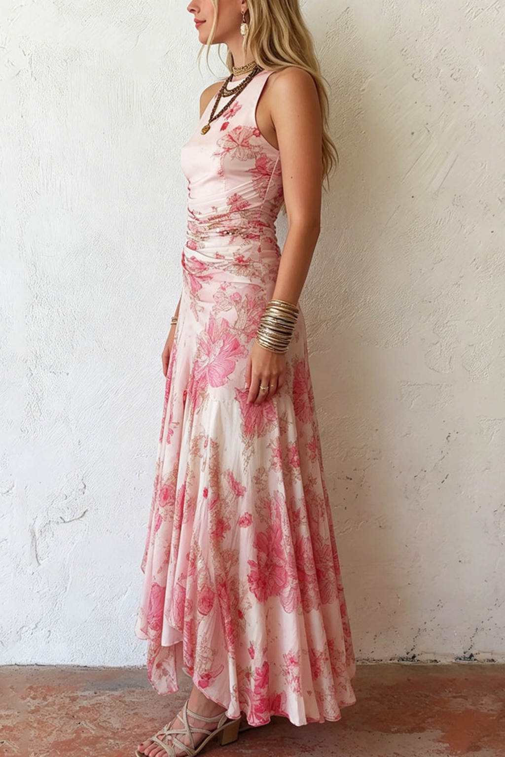 Pink Floral Chiffon Pleated Midi Dress