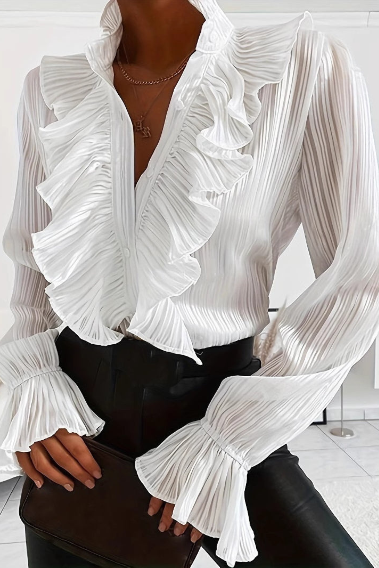 Pleated Ruffle Button-Up Shirt