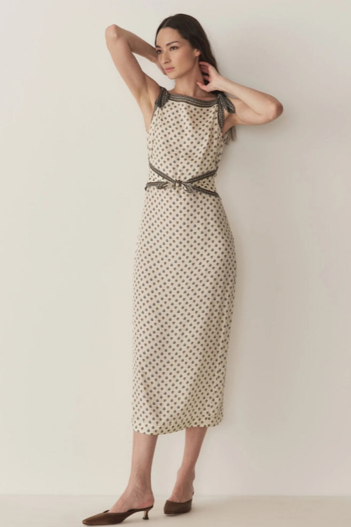 Cream Geometric Tie Strap Midi Dress