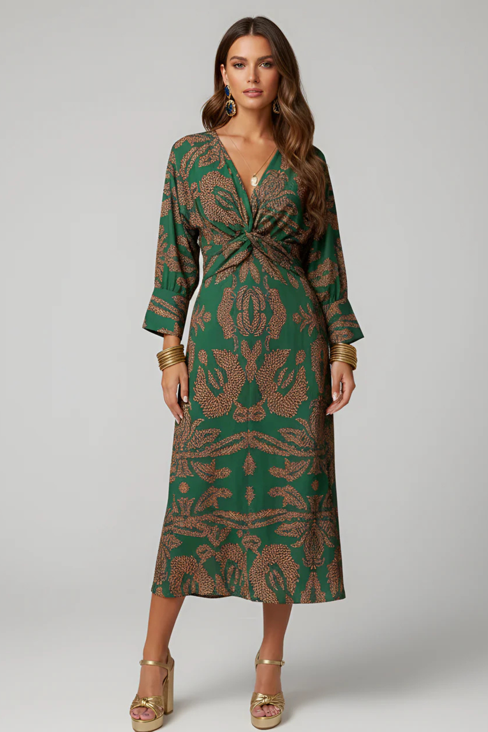 Flowy A Line Maxi Wedding Guest Dress, Green / M