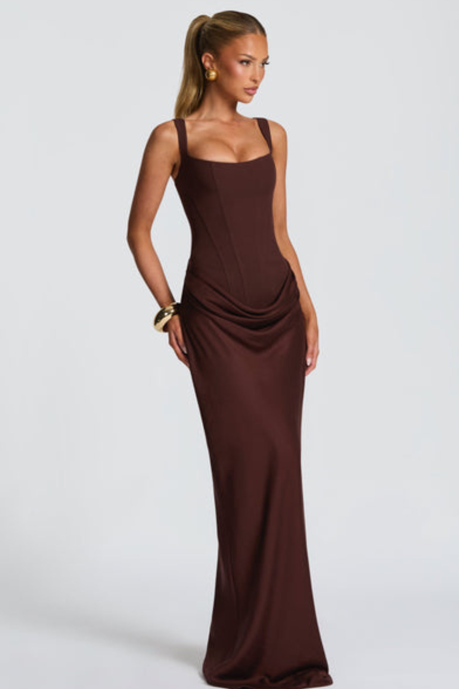 Square Neck Satin Maxi Dress with Open Lace Up Back