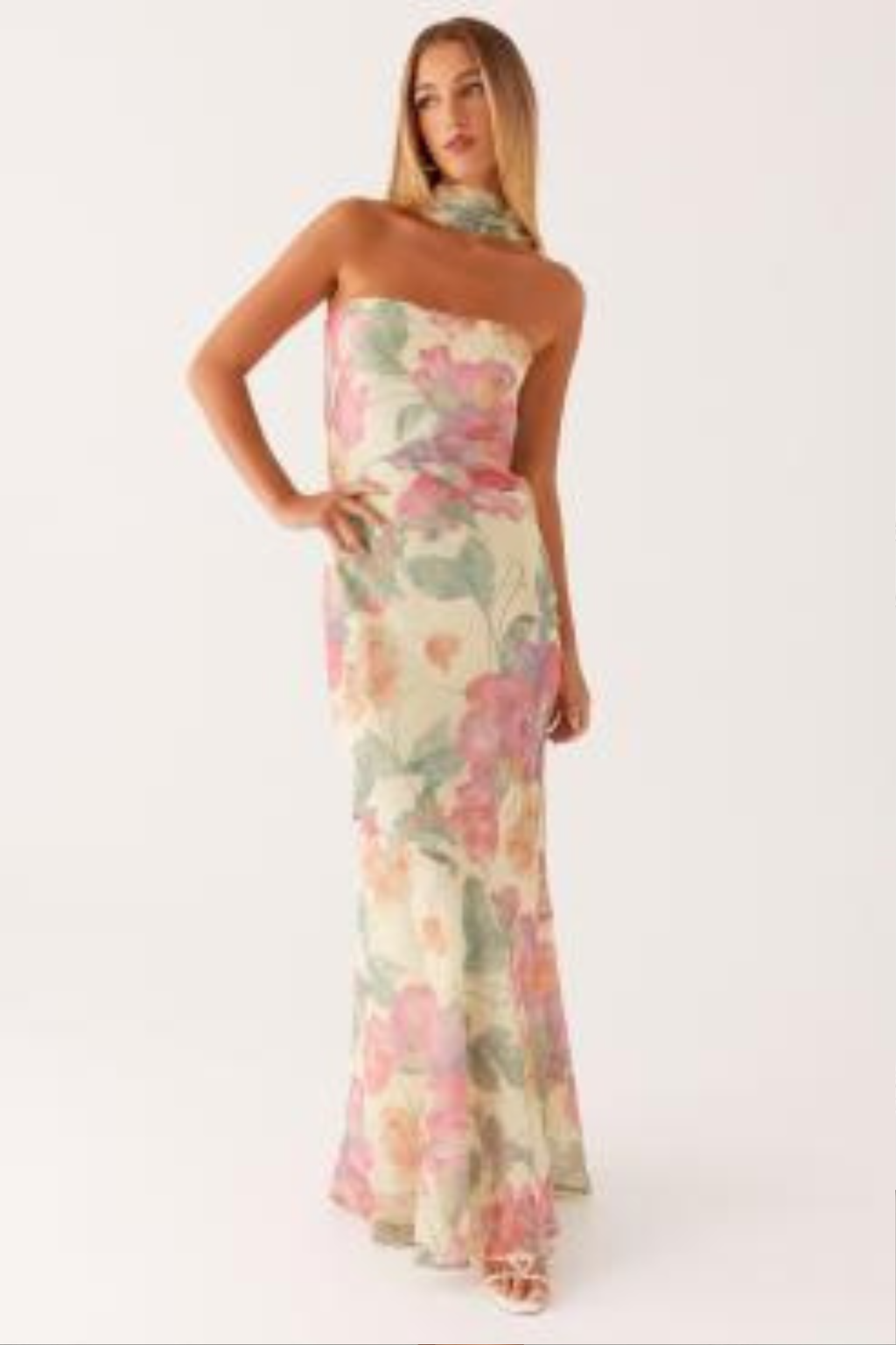 Floral Strapless Chiffon Maxi Dress with Pleated Detail