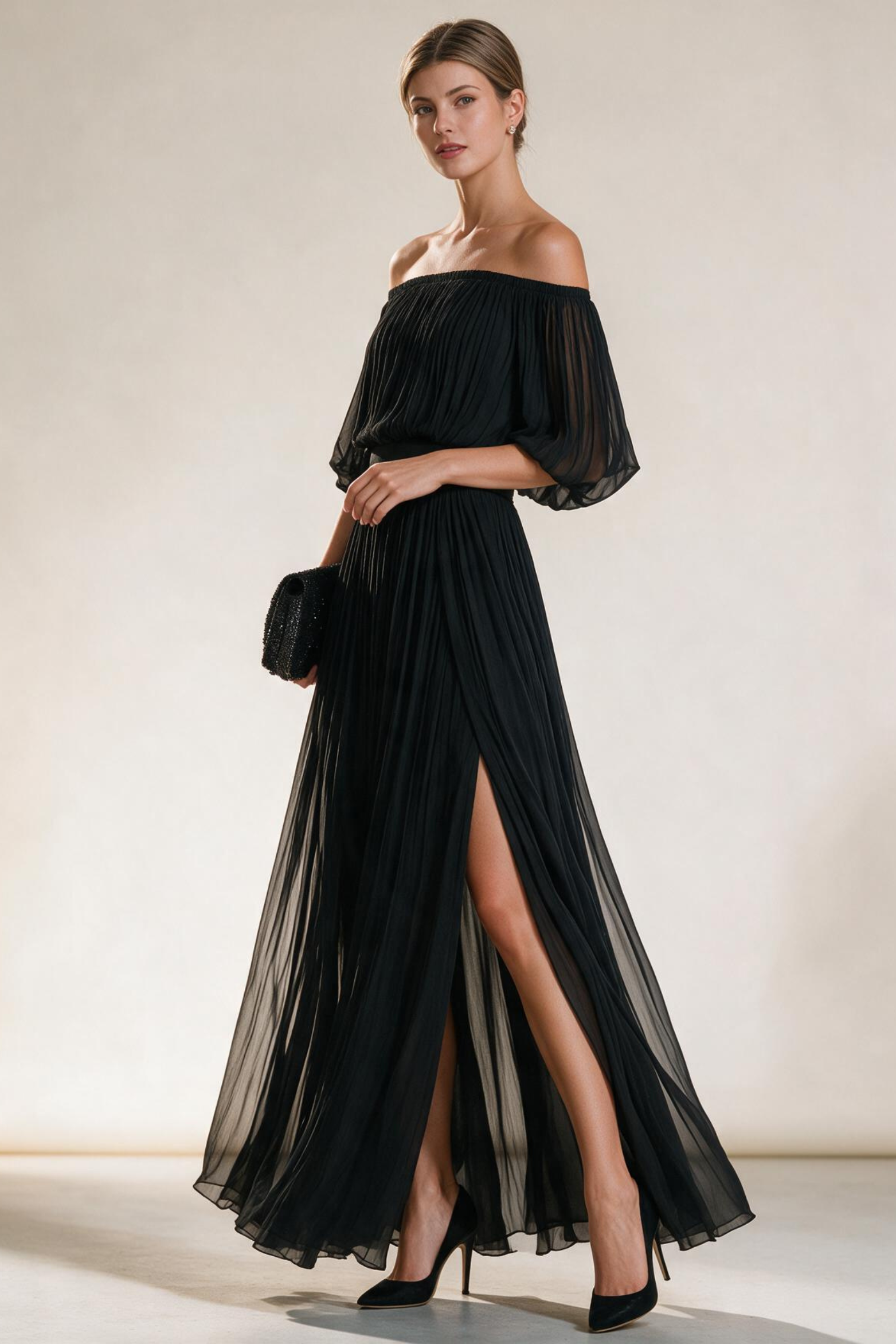 Pleated Chiffon Off Shoulder Maxi Dress