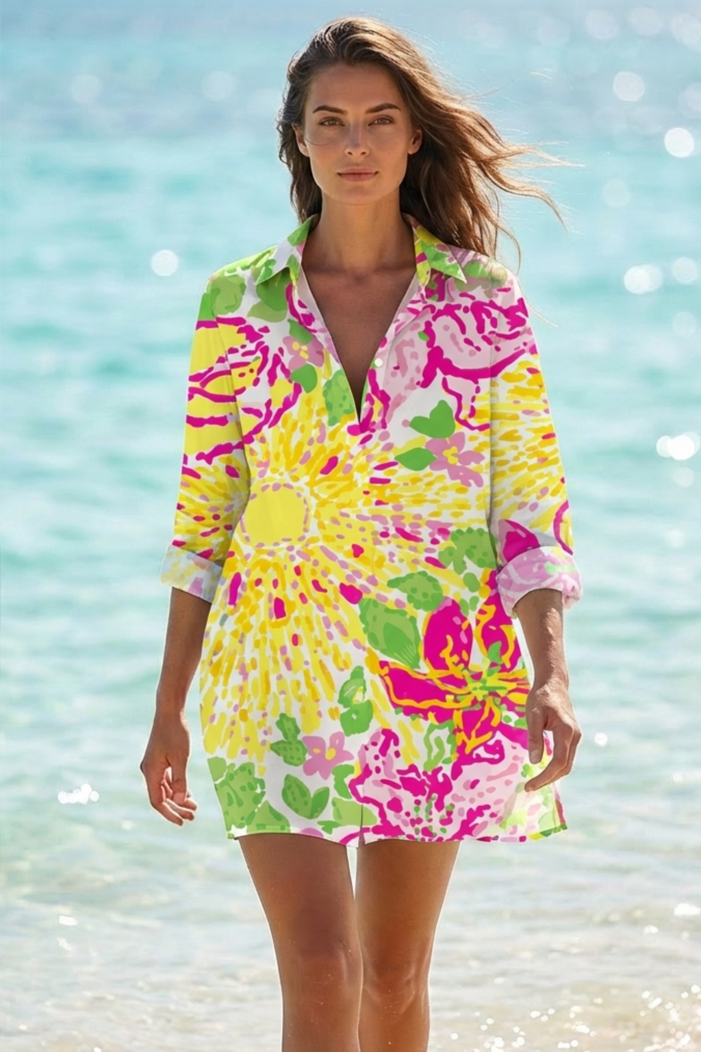Tropical Print Shirt Dress Beach Cover Up
