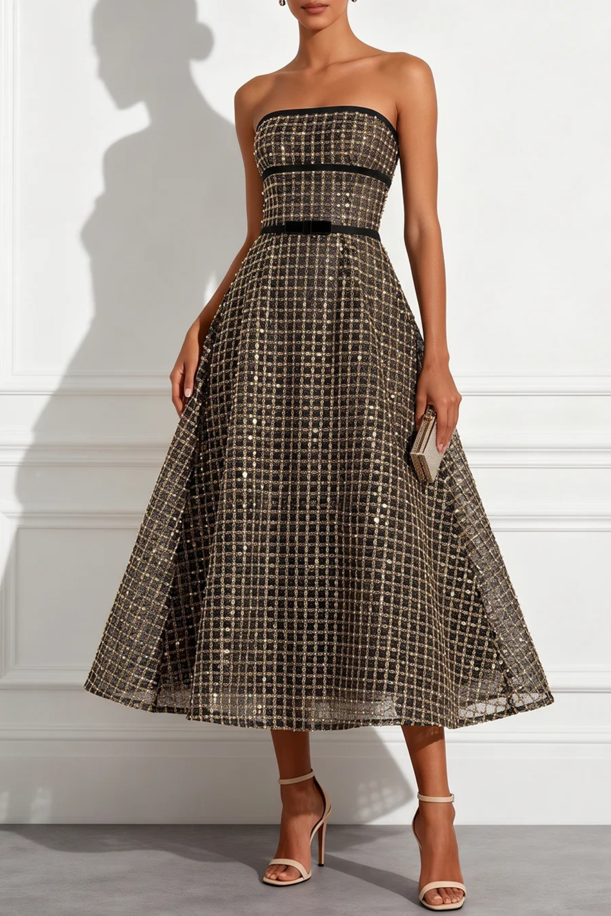 Plaid Sequin Bow A Line Midi Dress