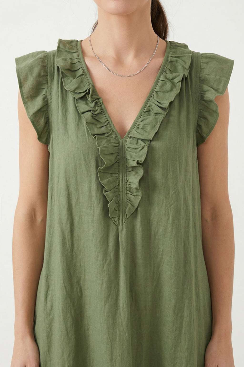 Ruffled Solid Color Cotton Linen Dress