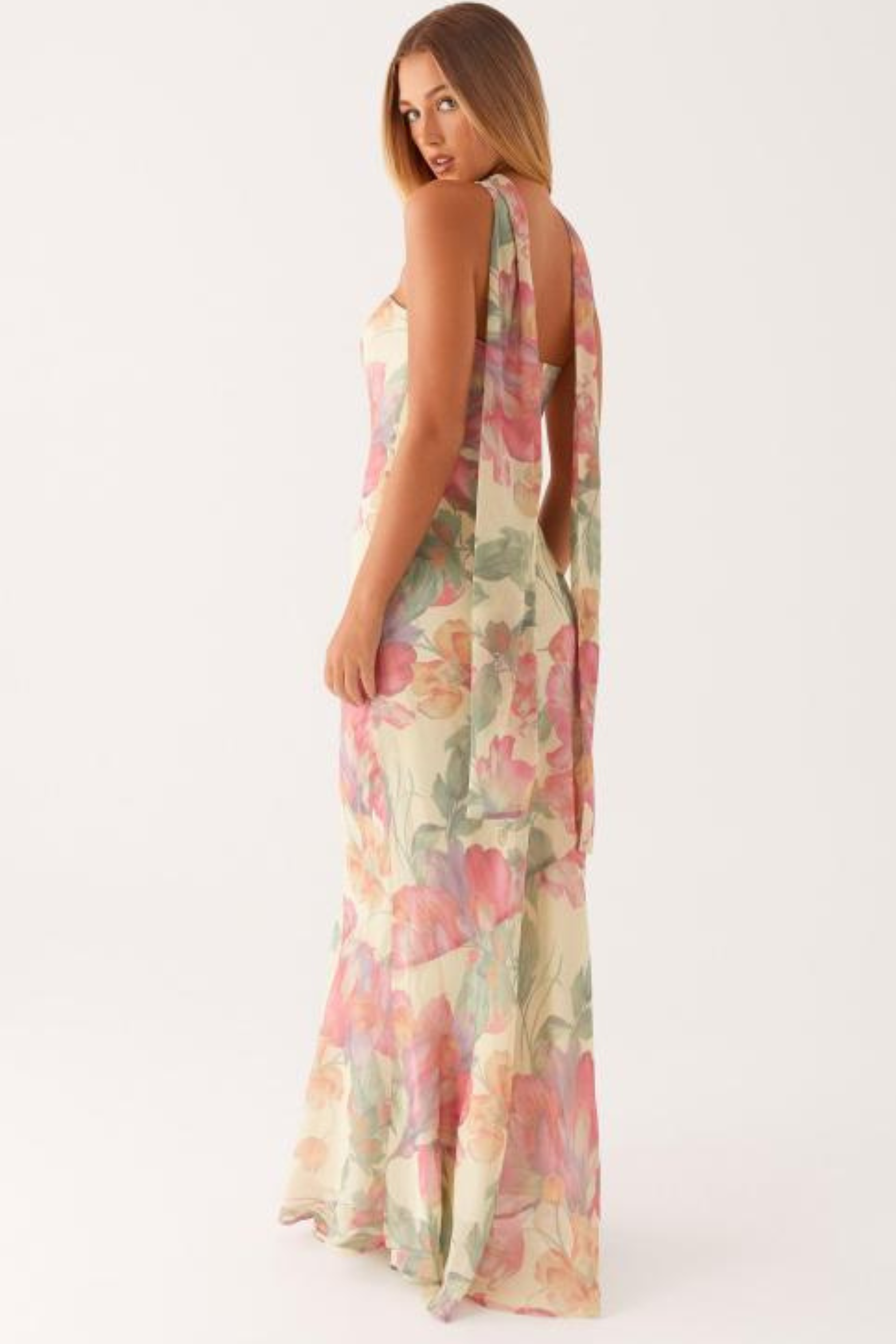Floral Strapless Chiffon Maxi Dress with Pleated Detail