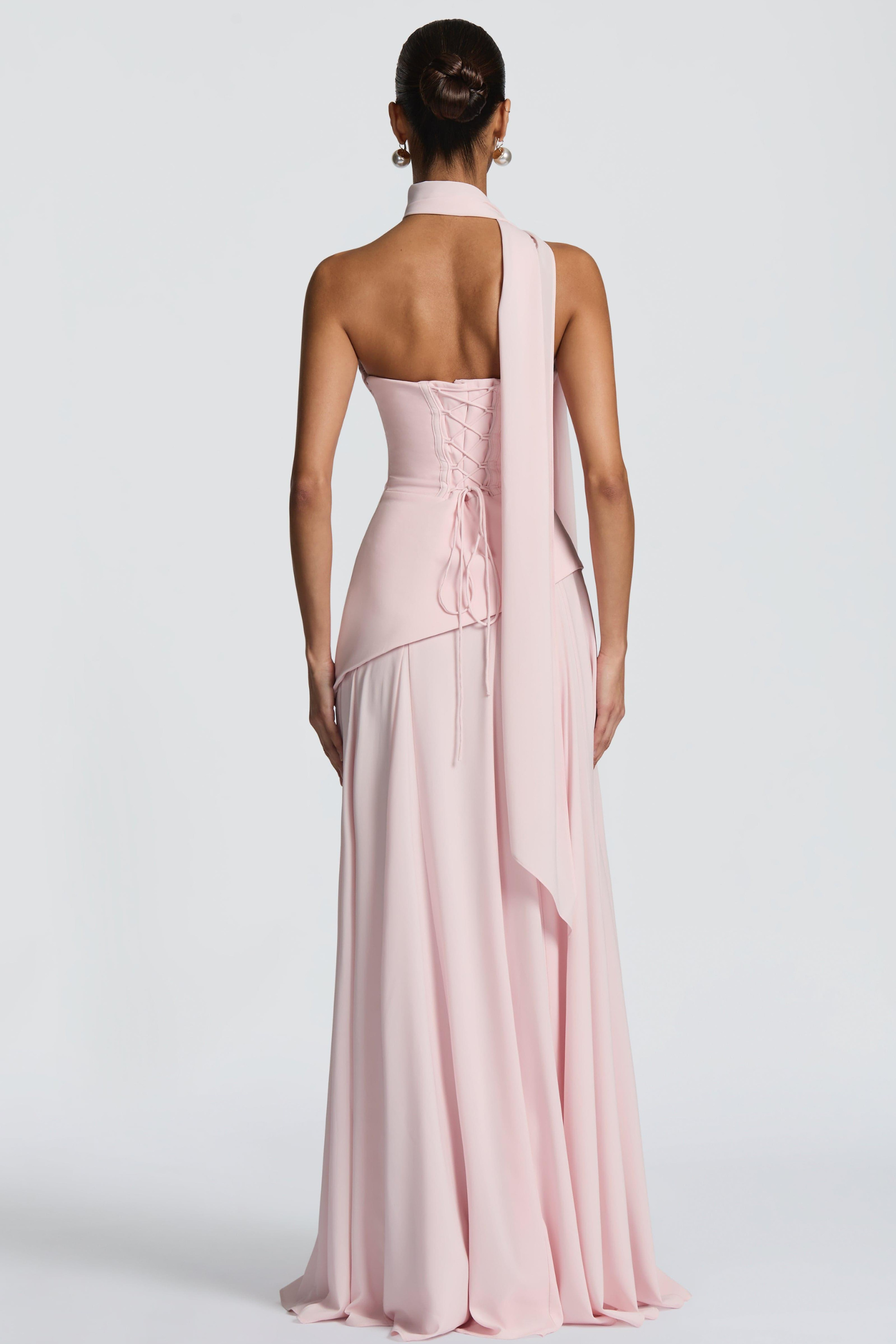 Ruched Off Shoulder Tie-Up Chiffon Maxi Dress