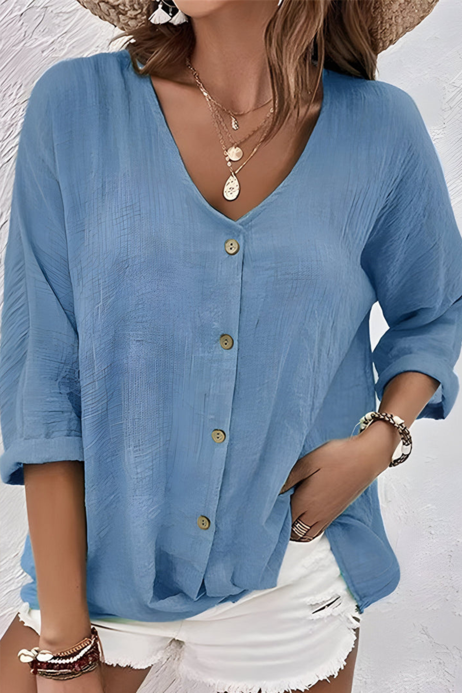 V Neck Button Up Blouse