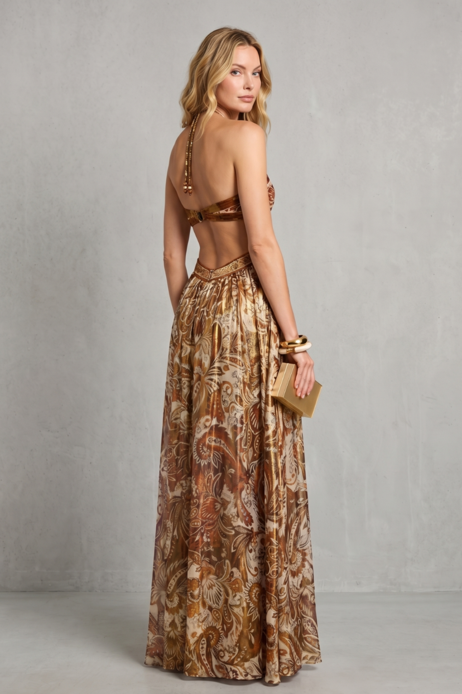 Paisley Print Halter Maxi Dress with Open Back Cutout Design