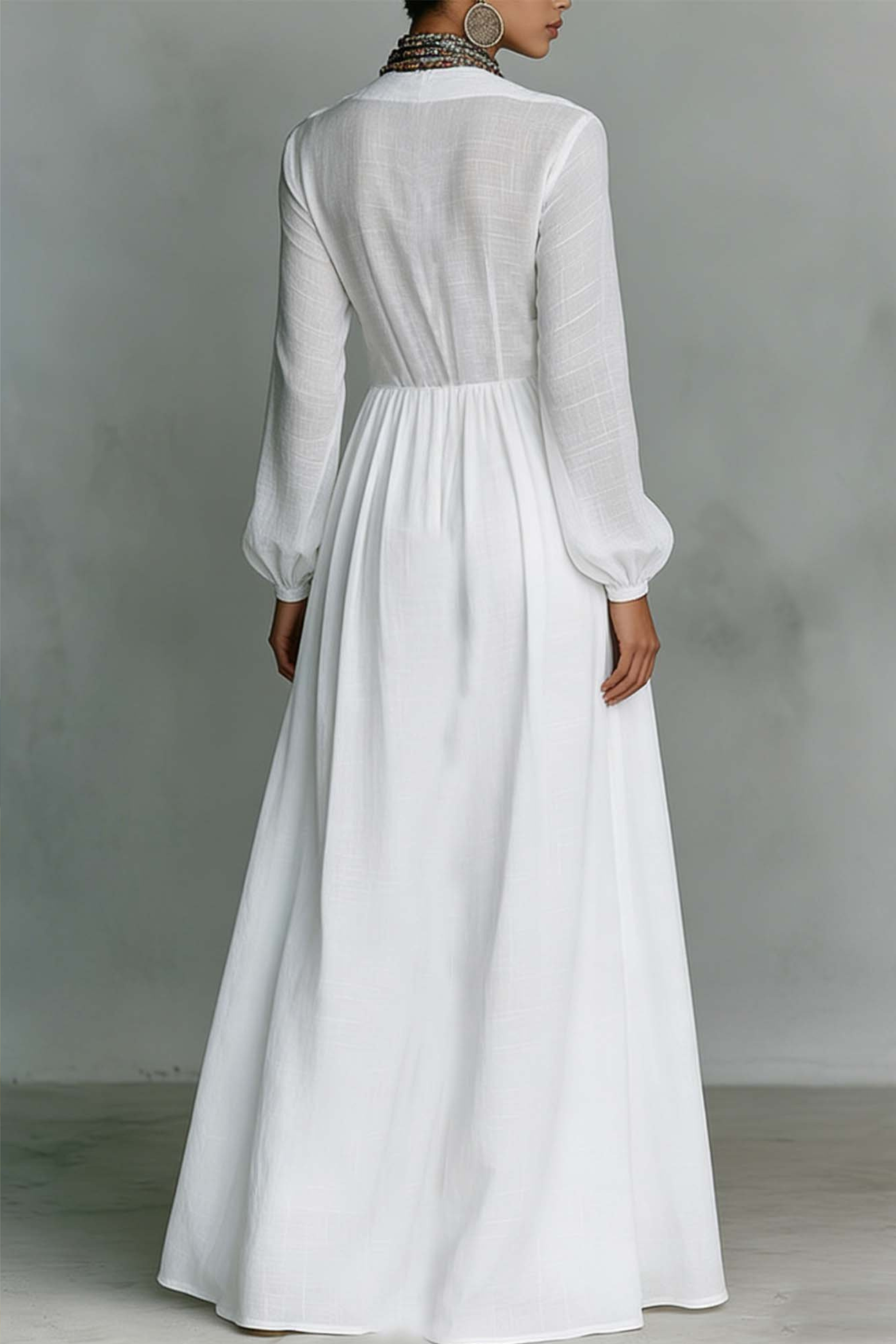 Relaxed Fit Linen Maxi Dress with Stand Collar Style