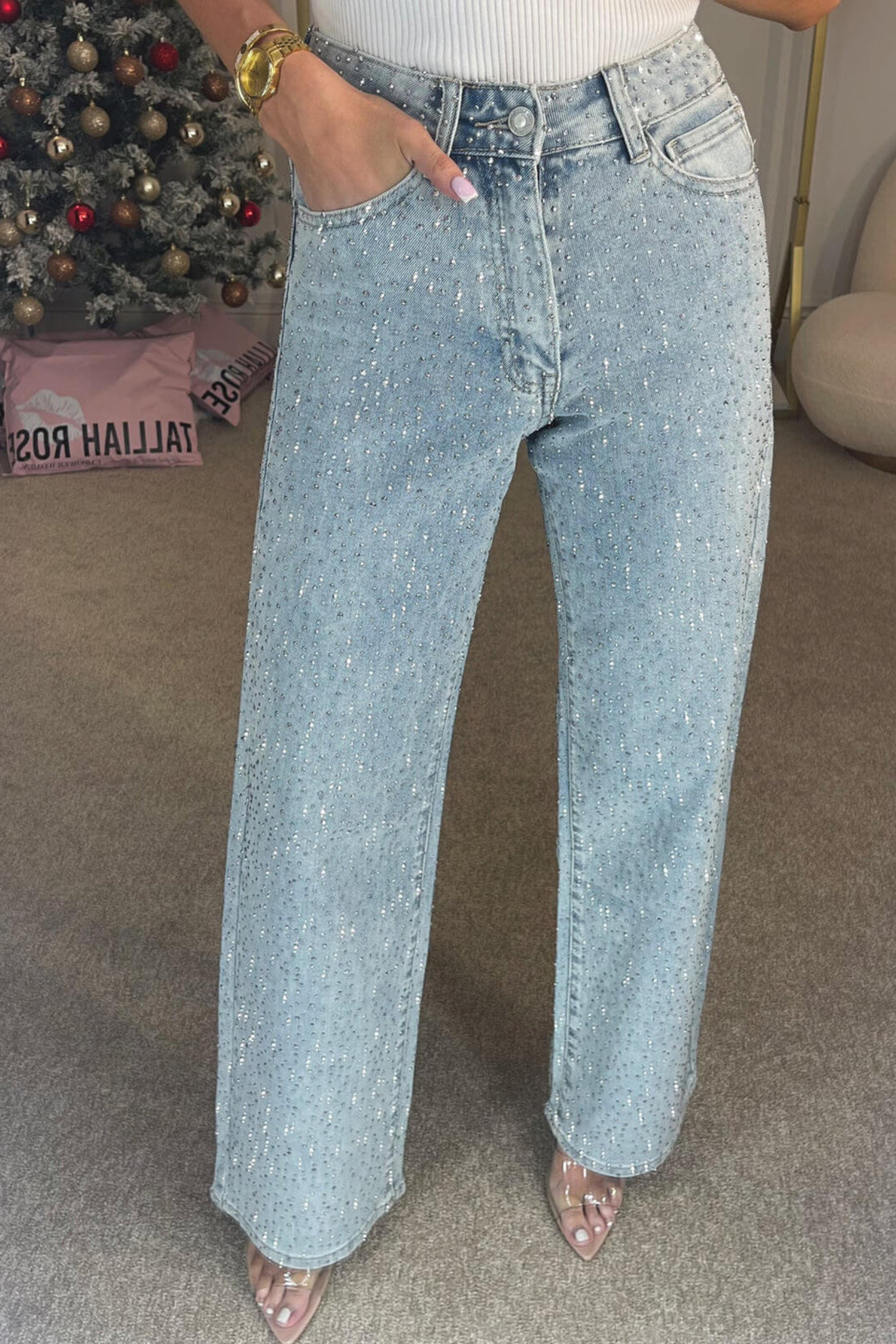 High Rise Embellished Straight Leg Jeans