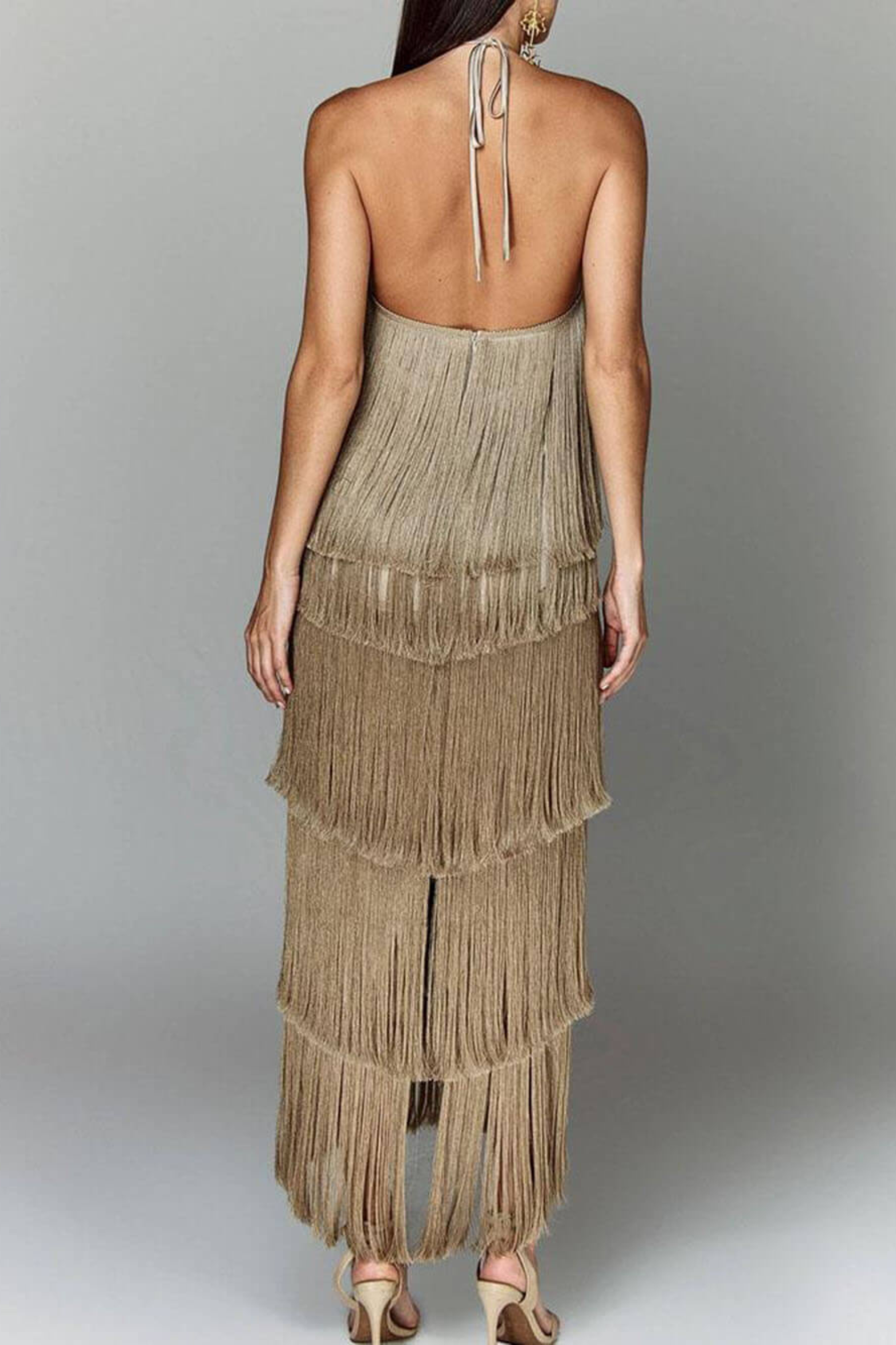 Halter Neck Tassel Backless Maxi Dress with Side Slit