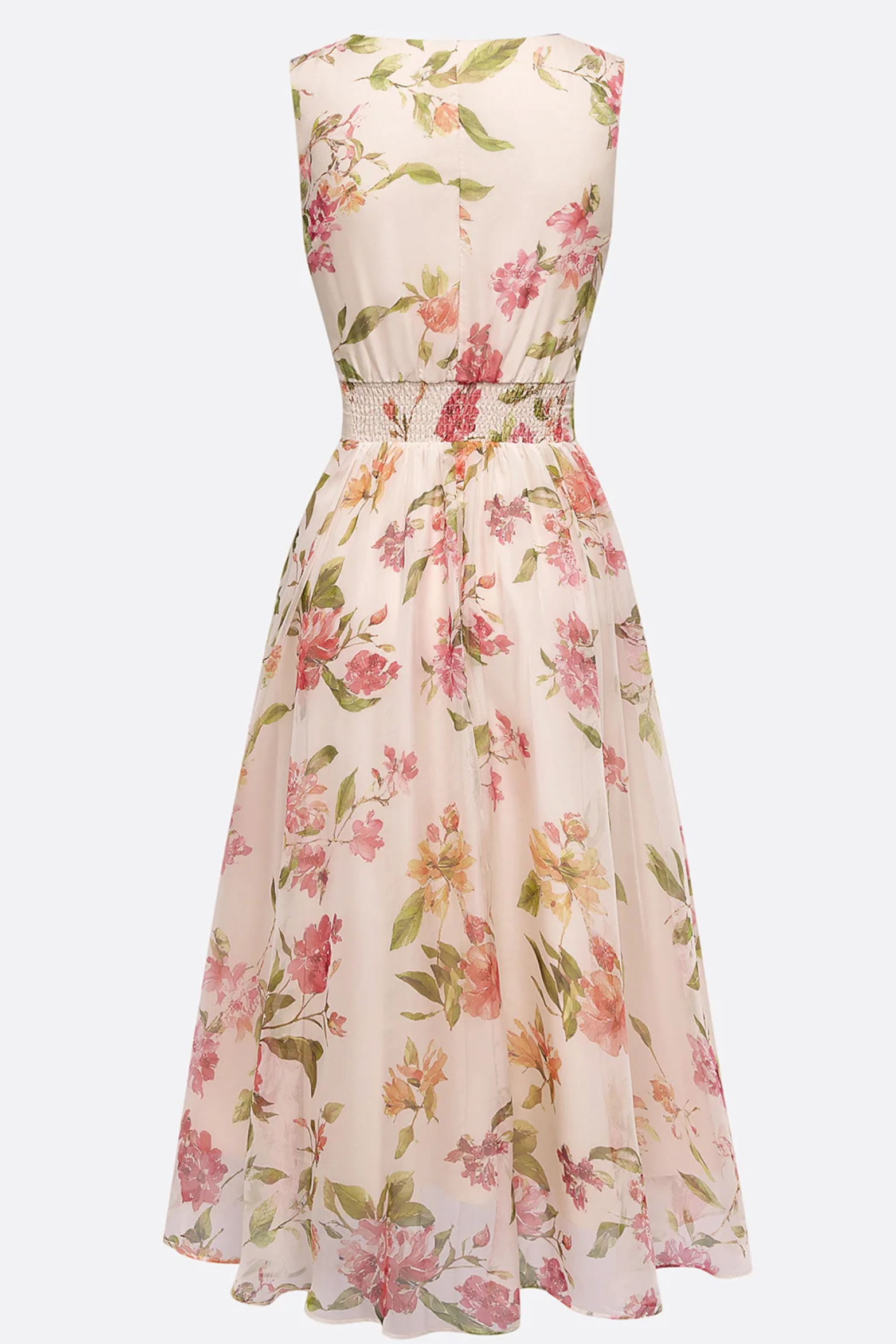 Soft Beige Floral Chiffon Midi Dress with Ruched V Neck