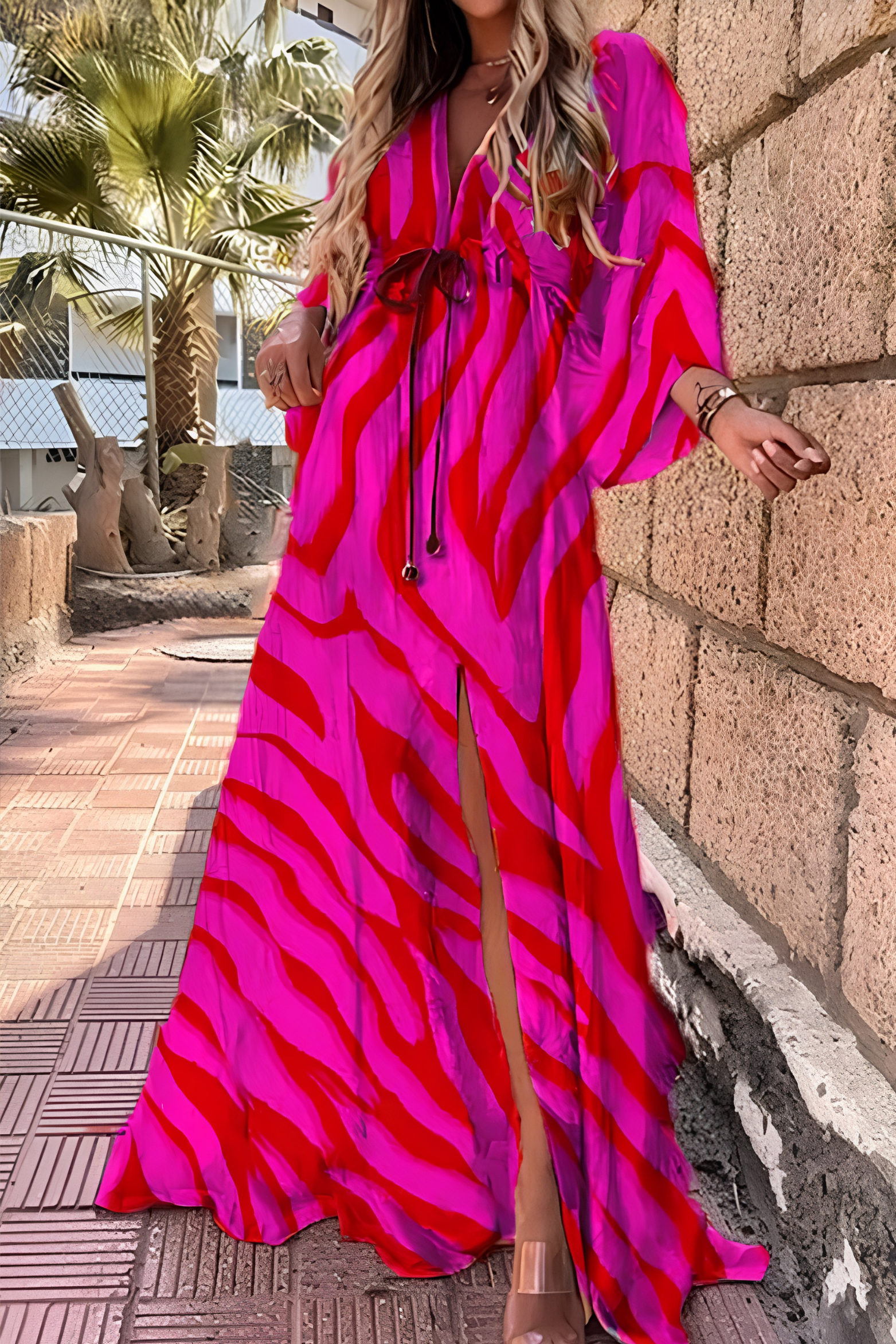 Abstract Print V Neck Maxi Dress with Kimono Sleeves and Side Split