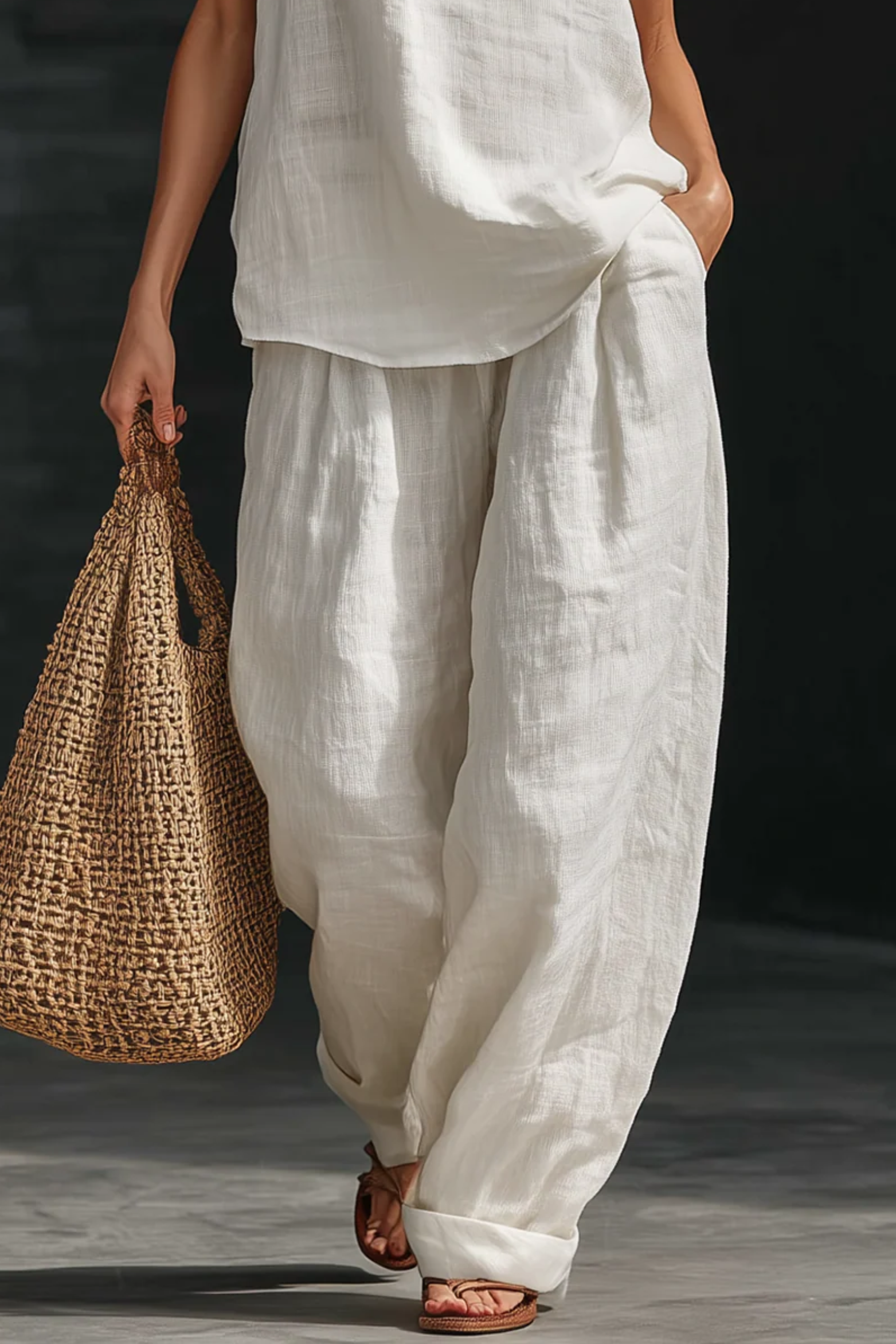V Neck Sleeveless Linen Pants Set