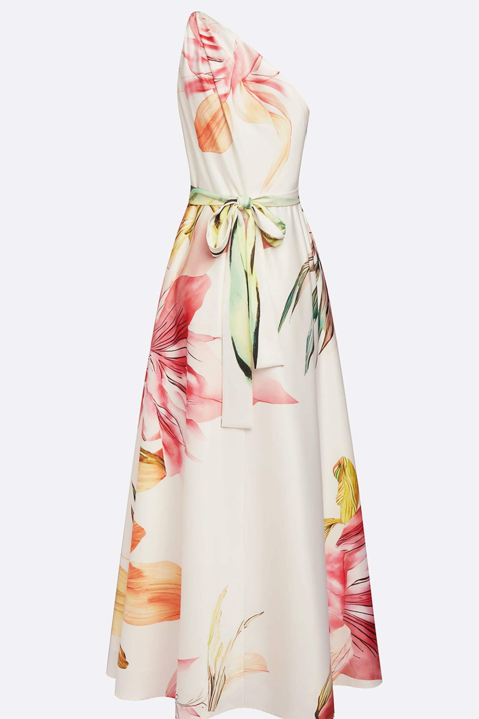 Pink Floral Satin One Shoulder Maxi Dress